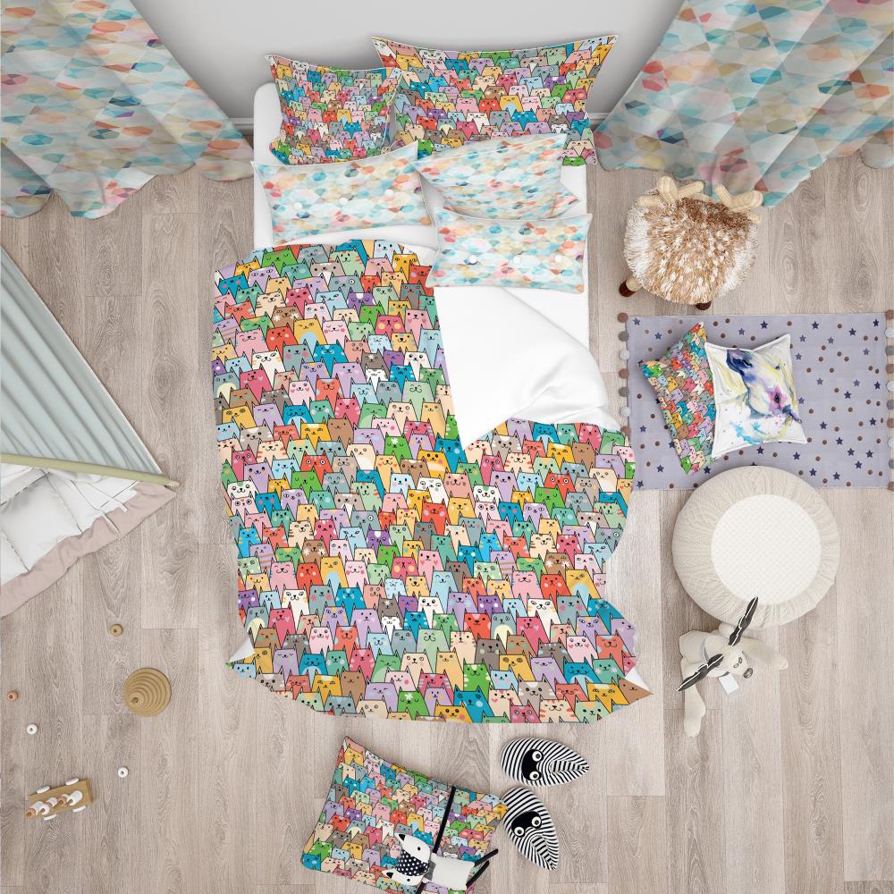 Colorful Funny Cats Pattern Kids Queen Duvet Cover Set