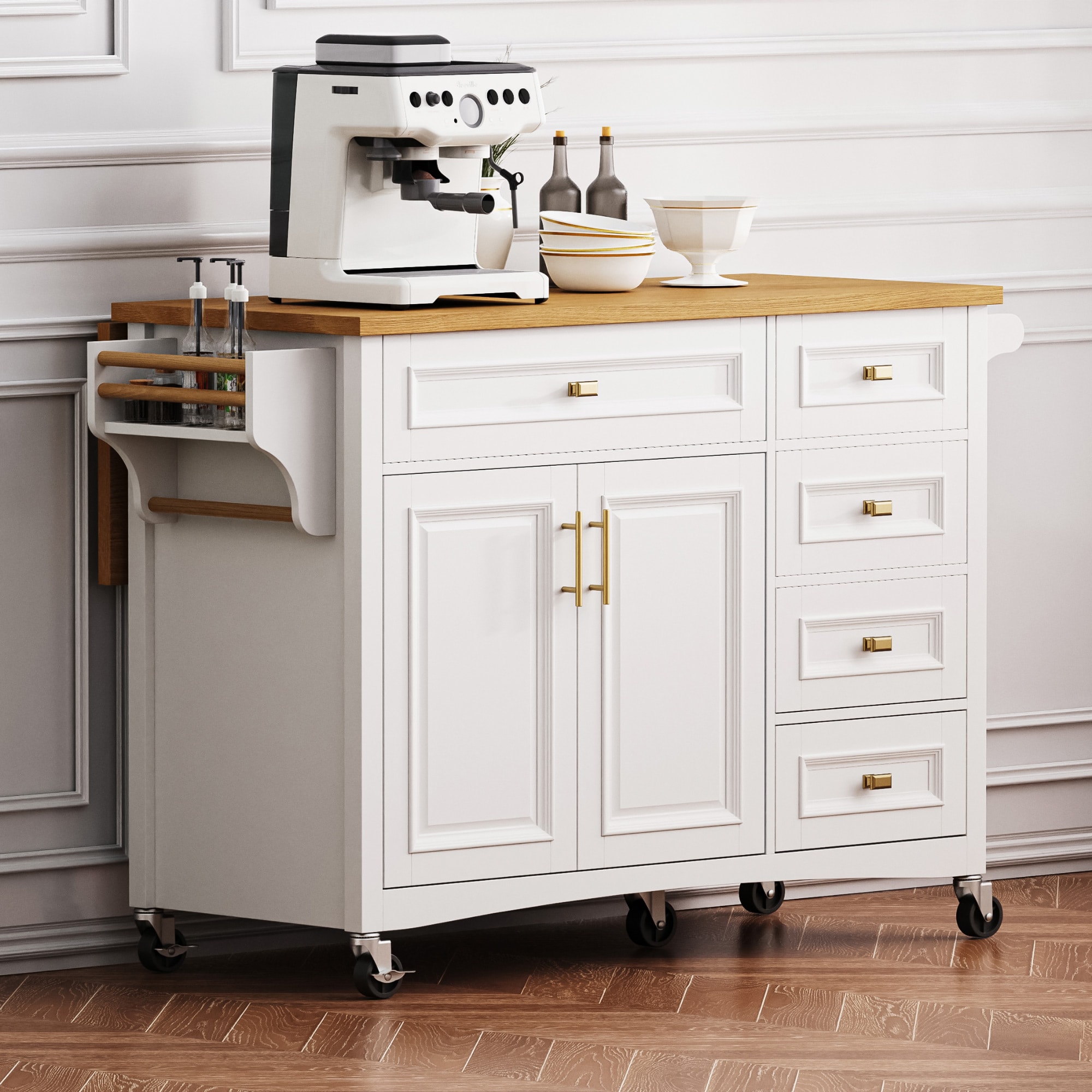 Mondawe MO-KS5393W White MDF Base with MDF Wood Top Rolling Kitchen Island ( 29.5-in x 43.7-in x 36.3-in )