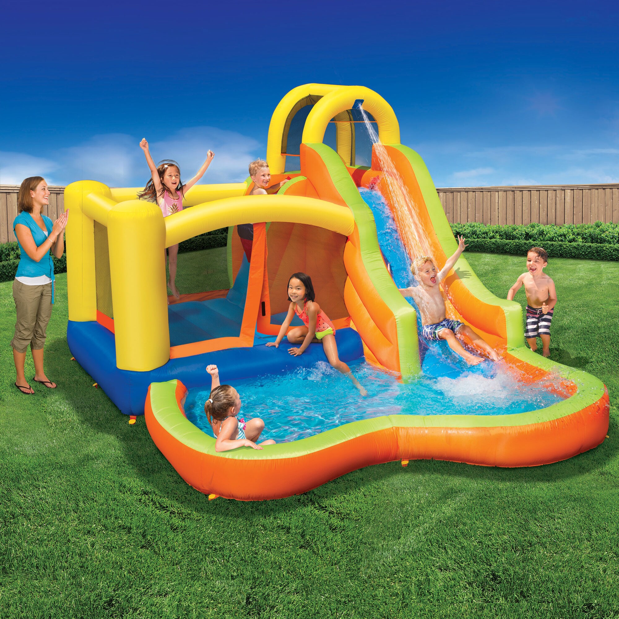 Banzai 2-in-1 Inflatable Bounce House Water Park with Slide, Splash ...