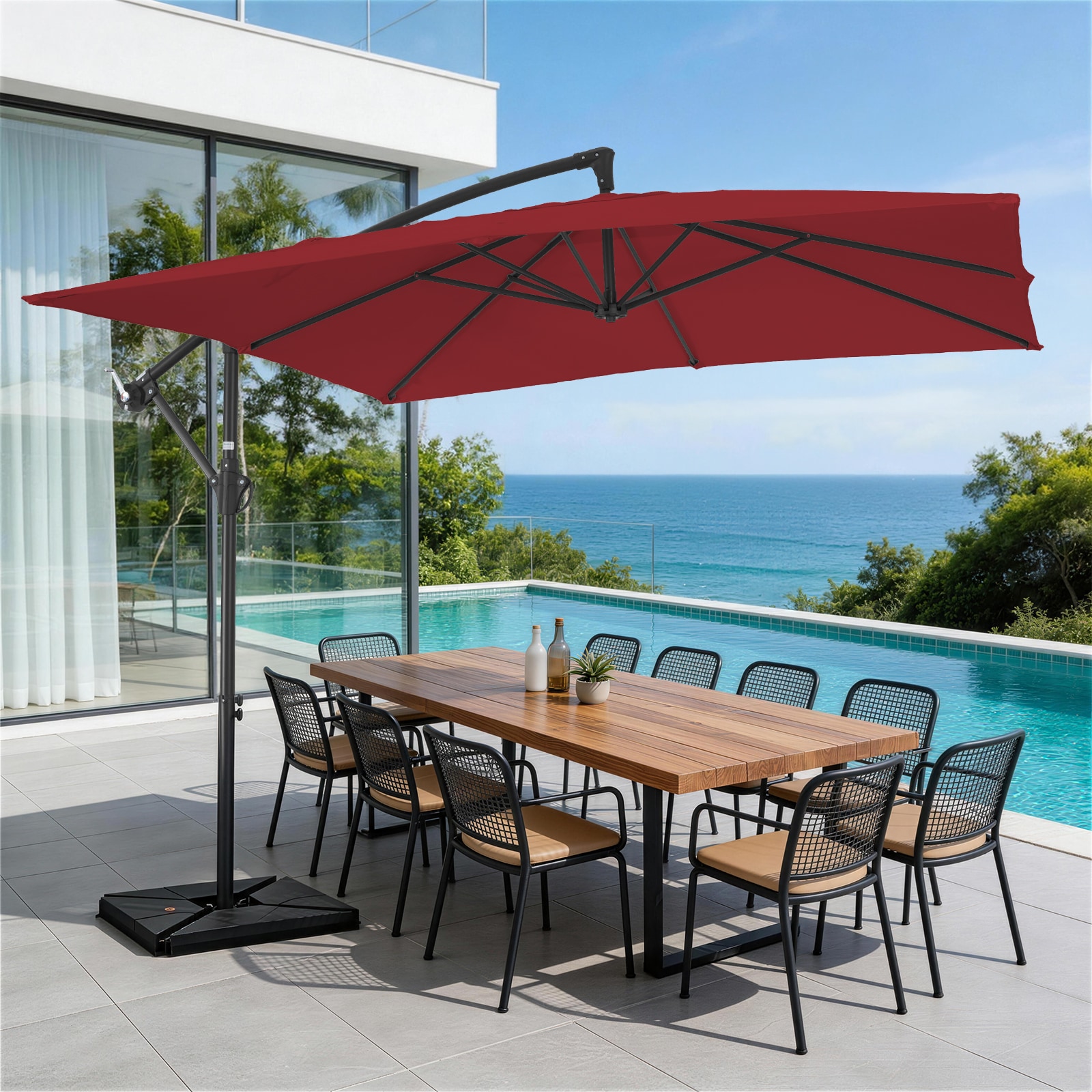 JEAREY 8-ft Aluminum Orange Crank Offset Patio Umbrella with Base