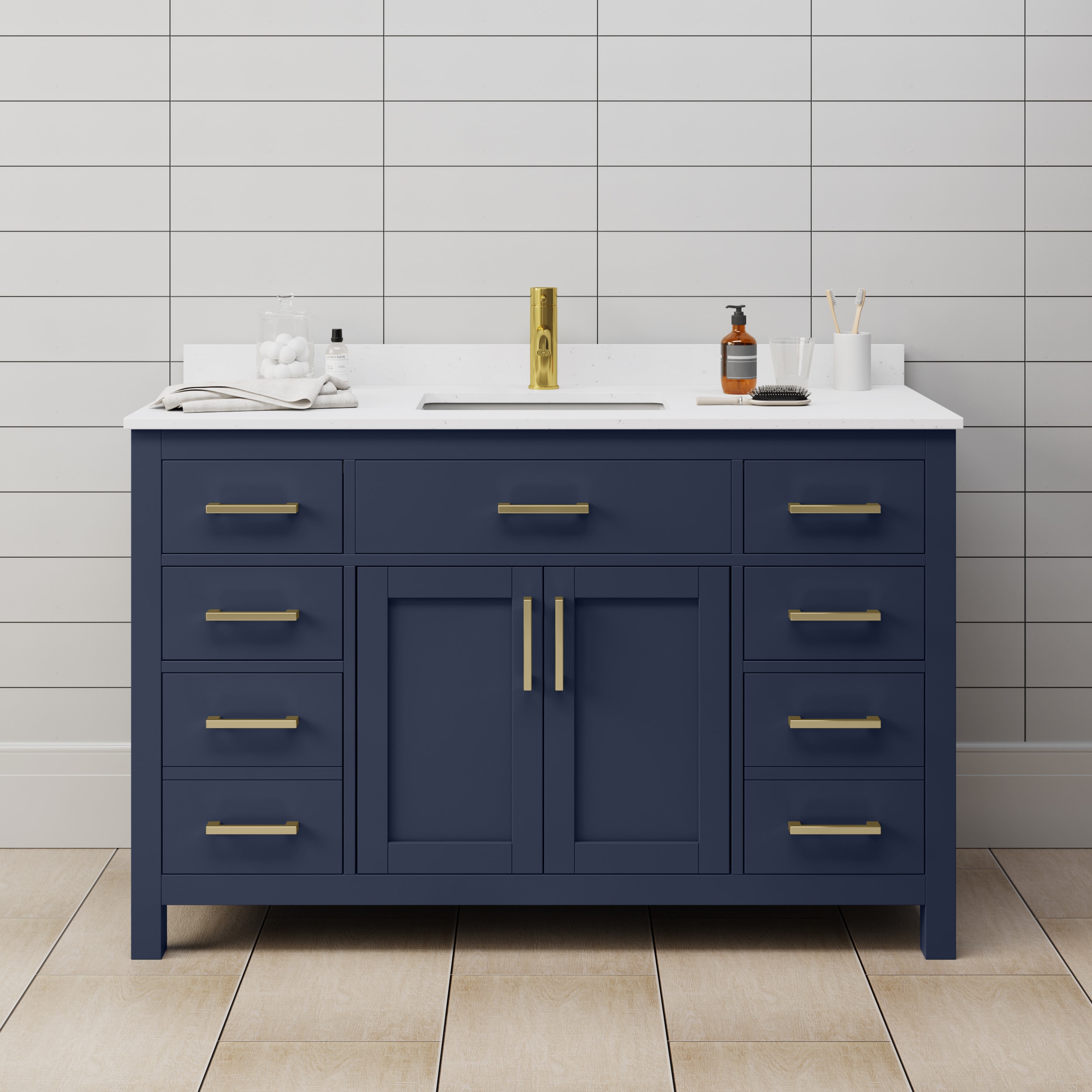Wyndham Collection WCG242454SBLWCUNSMXX Beckett 54-in Dark Blue with Brushed Gold Trim Undermount Single sink Bathroom Vanity with White Cultured Marble Cultured marble Top