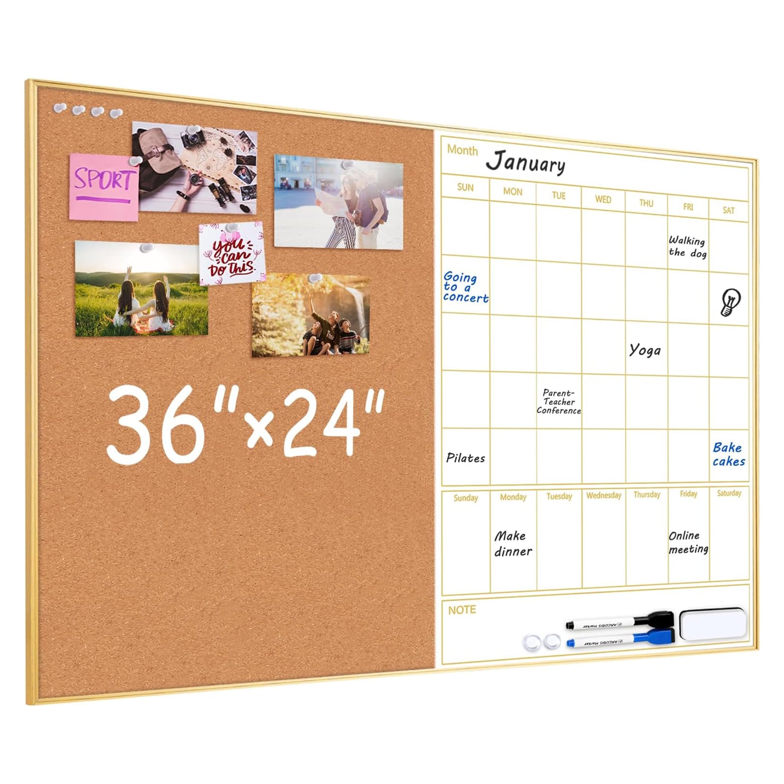 Afoxsos 36x24 Inch 4 in 1 Magnetic Dry Erase Calendar Cork Board Set Gold Frame Includes 2 Markers 10 Push Pins 2 Magnets 1 Eraser for Wall