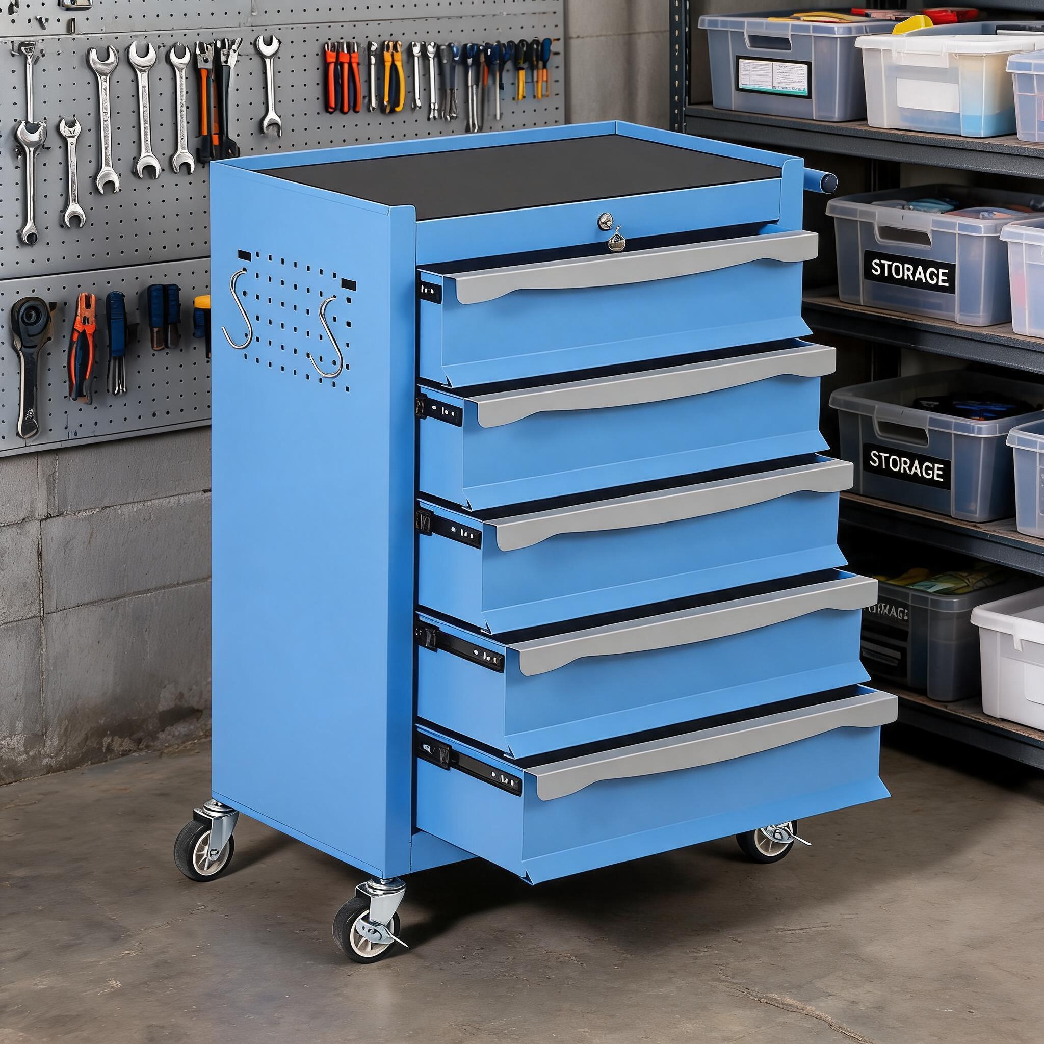DEXSO Heavy Duty 5 Drawer Rolling Tool Chest with Keyed Lock and 360 Swivel Wheels Large Capacity Tool Cabinet Blue