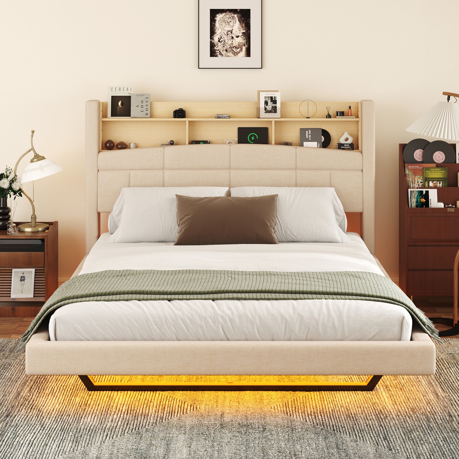 GZMR 906AACUS-LC Queen Size Upholstered Floating Bed with LED Beige Queen Wood and metal Bed frame Bed