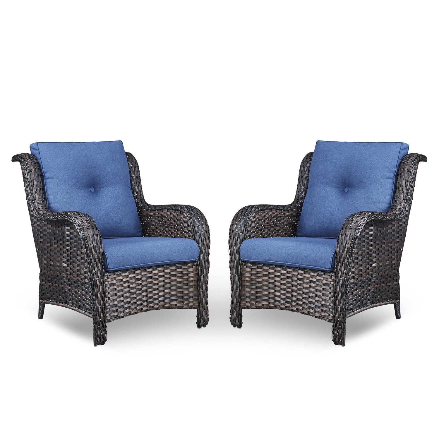 Rilyson FS006-1 Curved handrail Set of 2 Wicker Brown Wicker Frame Stationary Conversation Chair with Blue Cushioned Seat