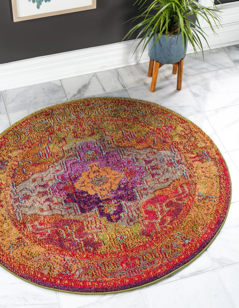 Unique Loom Michaelangelo Vita 4 x 4 Multi/Pink Round Indoor Medallion Oriental Area Rug