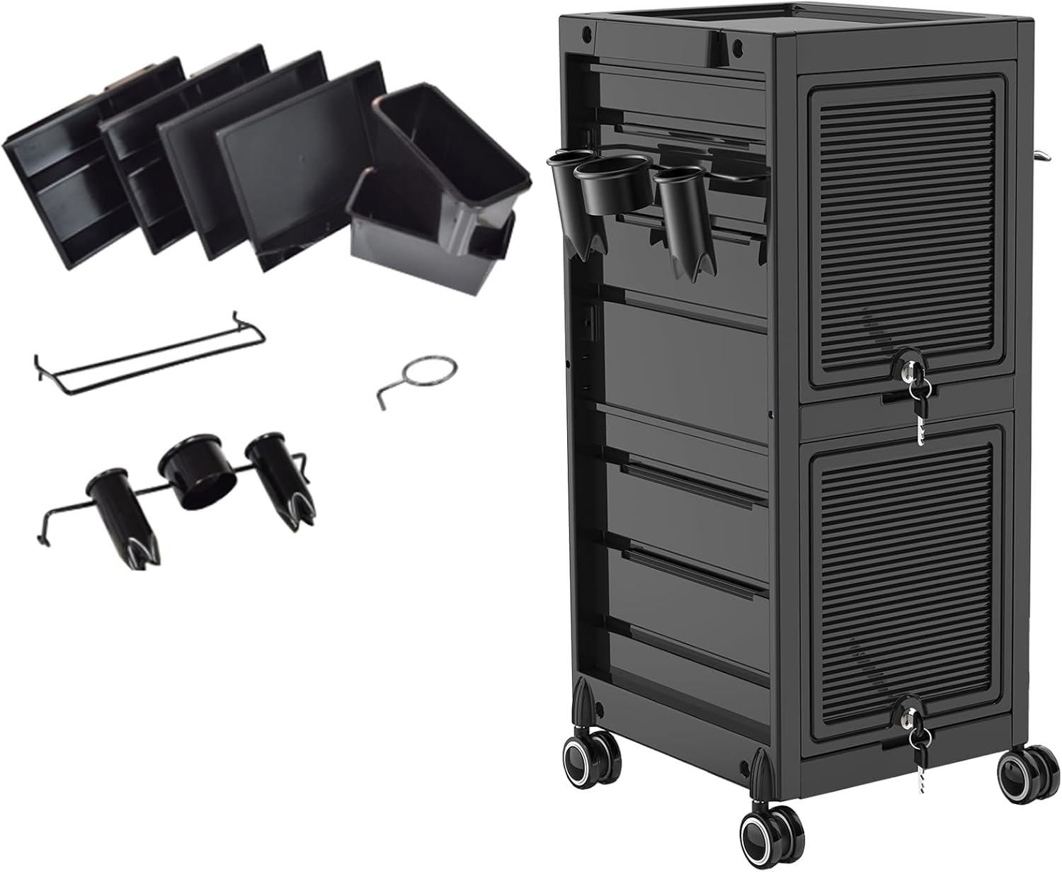 GAOMON Lockable Salon Trolley Cart with Wheels 6-Tray Rolling Beauty Storage Cart Adjustable Drawer Positions Tool Holders Mobile SPA Cart for Hair Stylist Makeup Tattoo Station