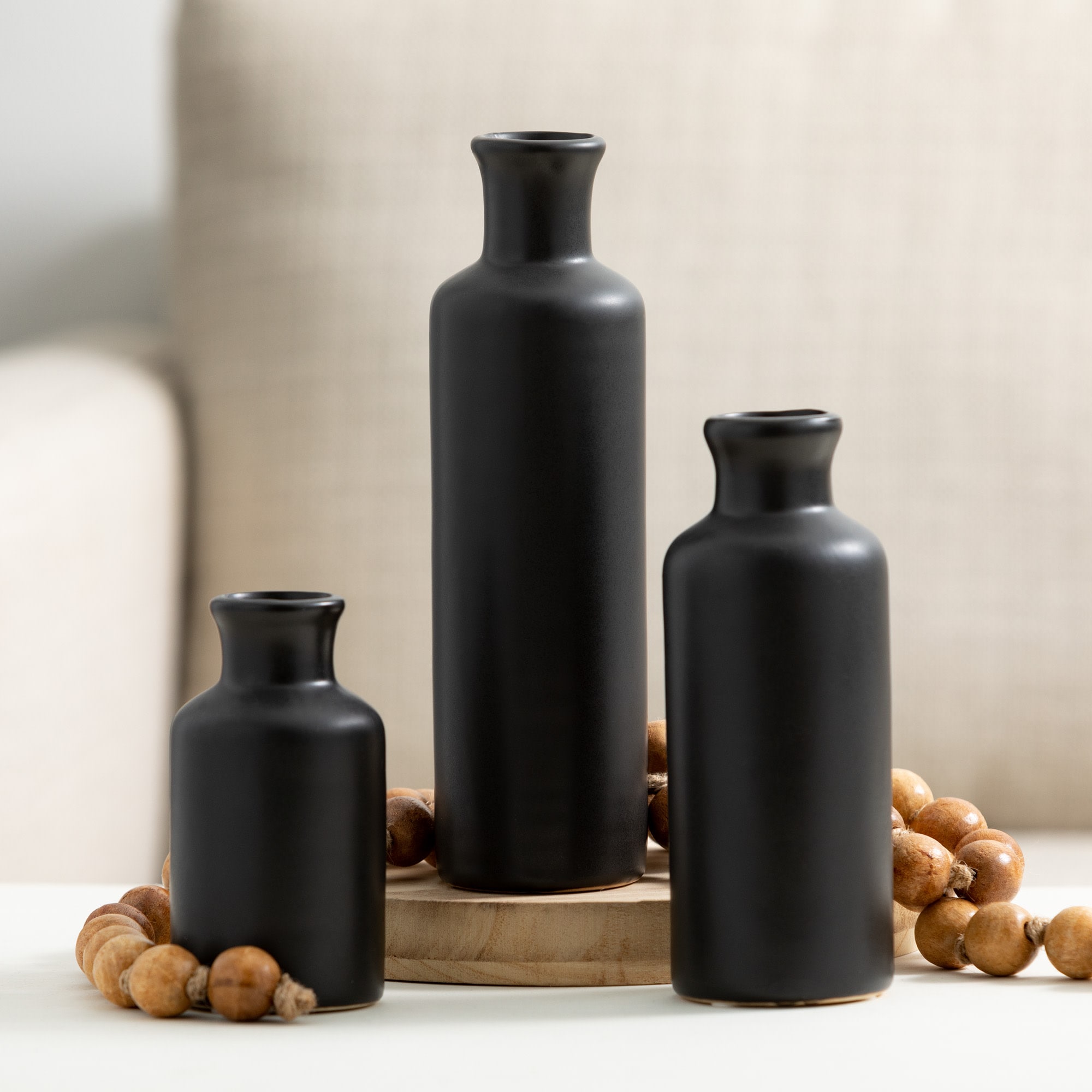 Modern Matte Black Ceramic Vase Trio for Elegant Table Decor