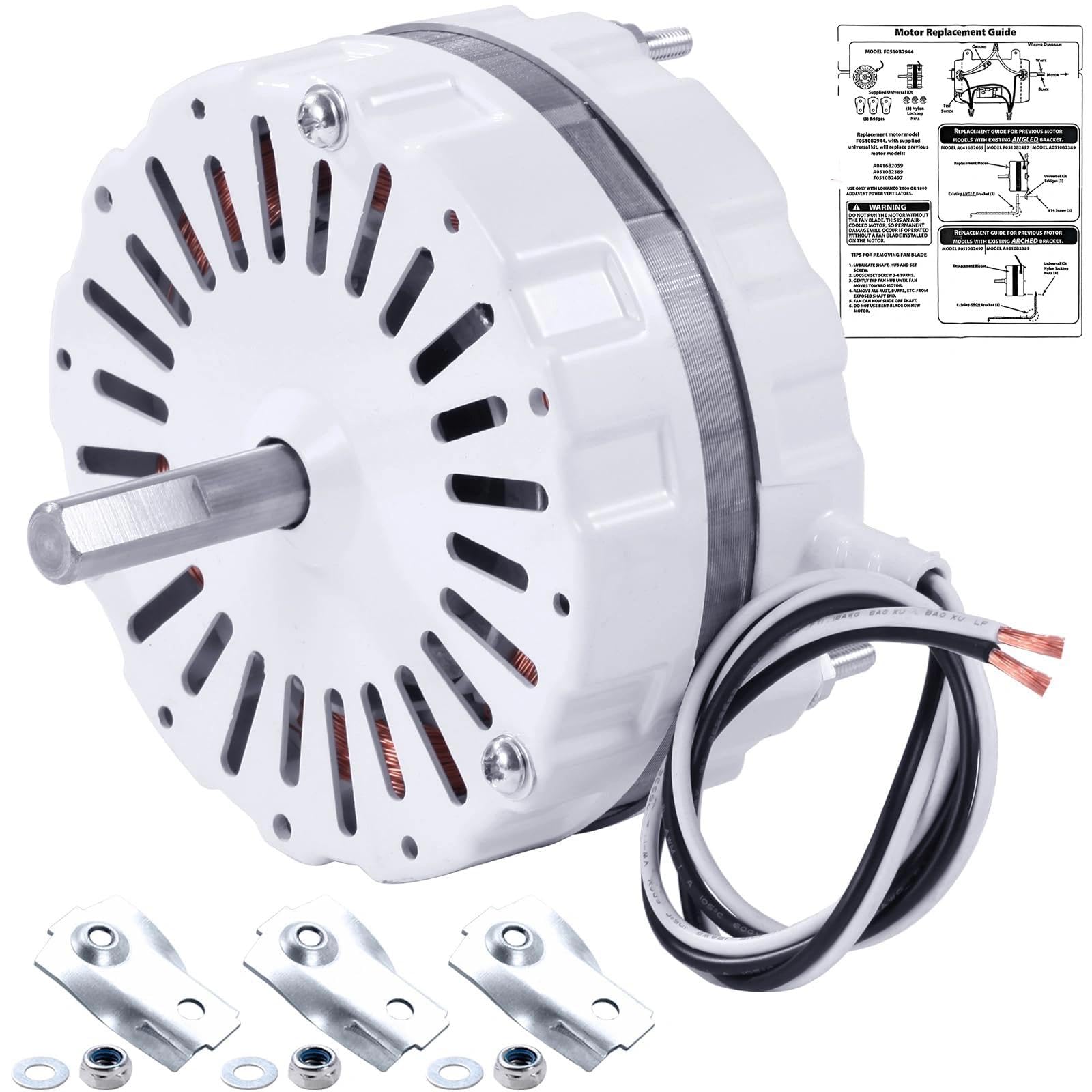 AOIZGMY  F0510B2497 White Attic Fan Replacement Motor Kit Includes F0510B2944 Power Attic Vent Fan Unit Bridges and Nylon Locking Nuts Compatible