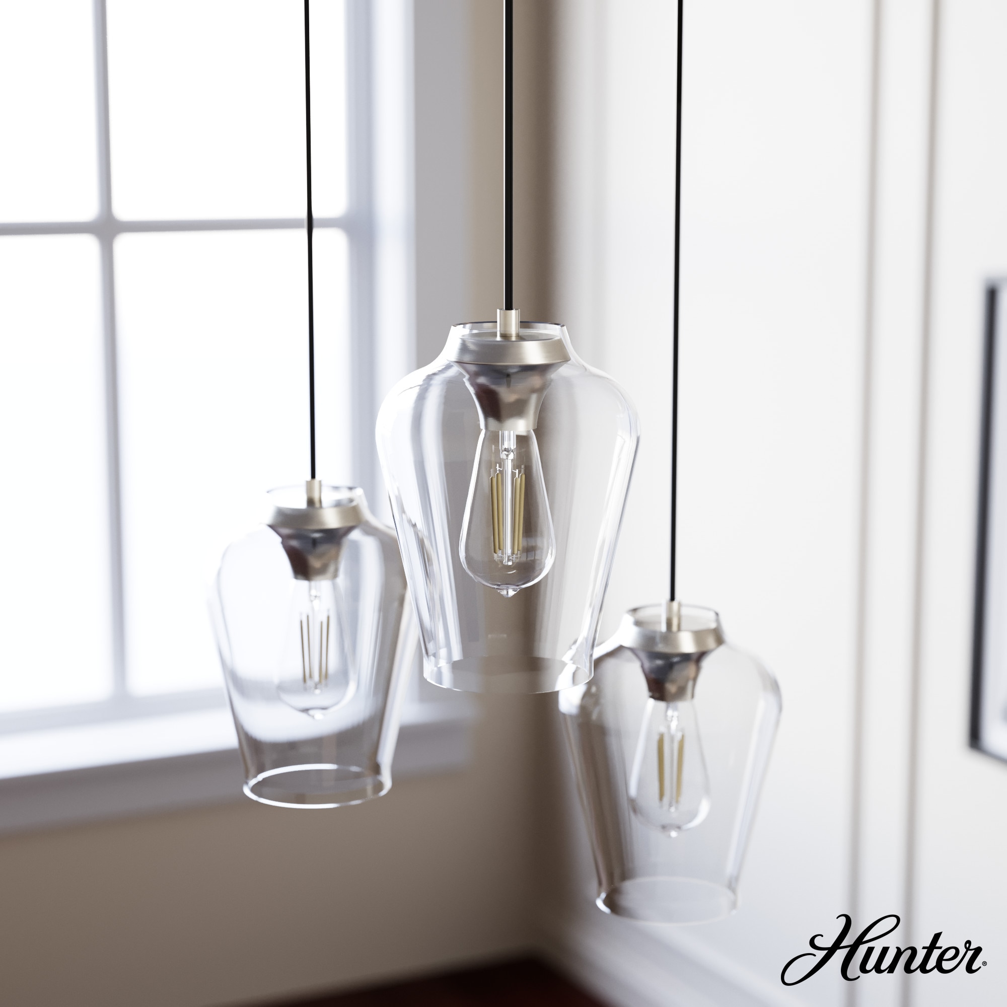 Hunter Vidria 3-Light Brushed Nickel Modern/Contemporary Clear Glass Tiered LED Small Hanging