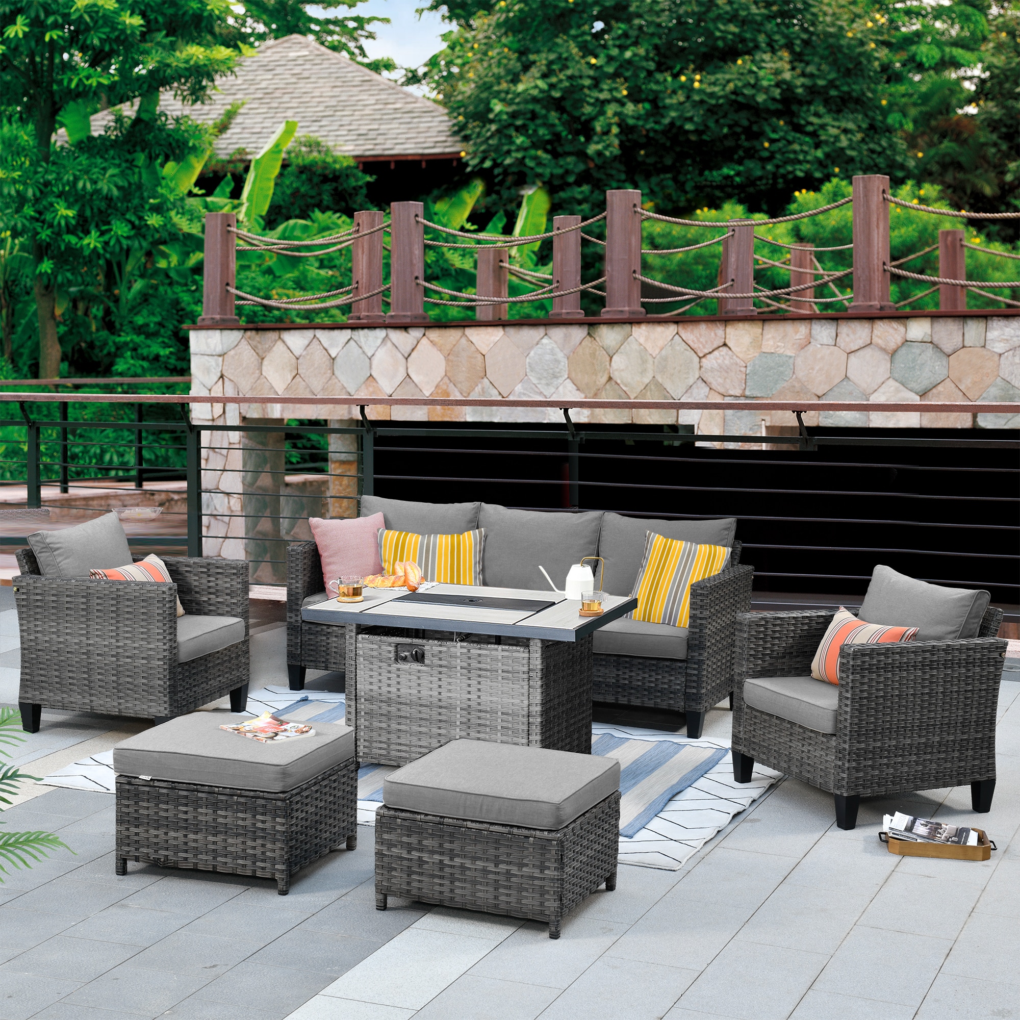 Pouuin SRFPGRS20-5 6 -Piece Wicker Patio Sofa Conversation Set with Dark Gray Cushions