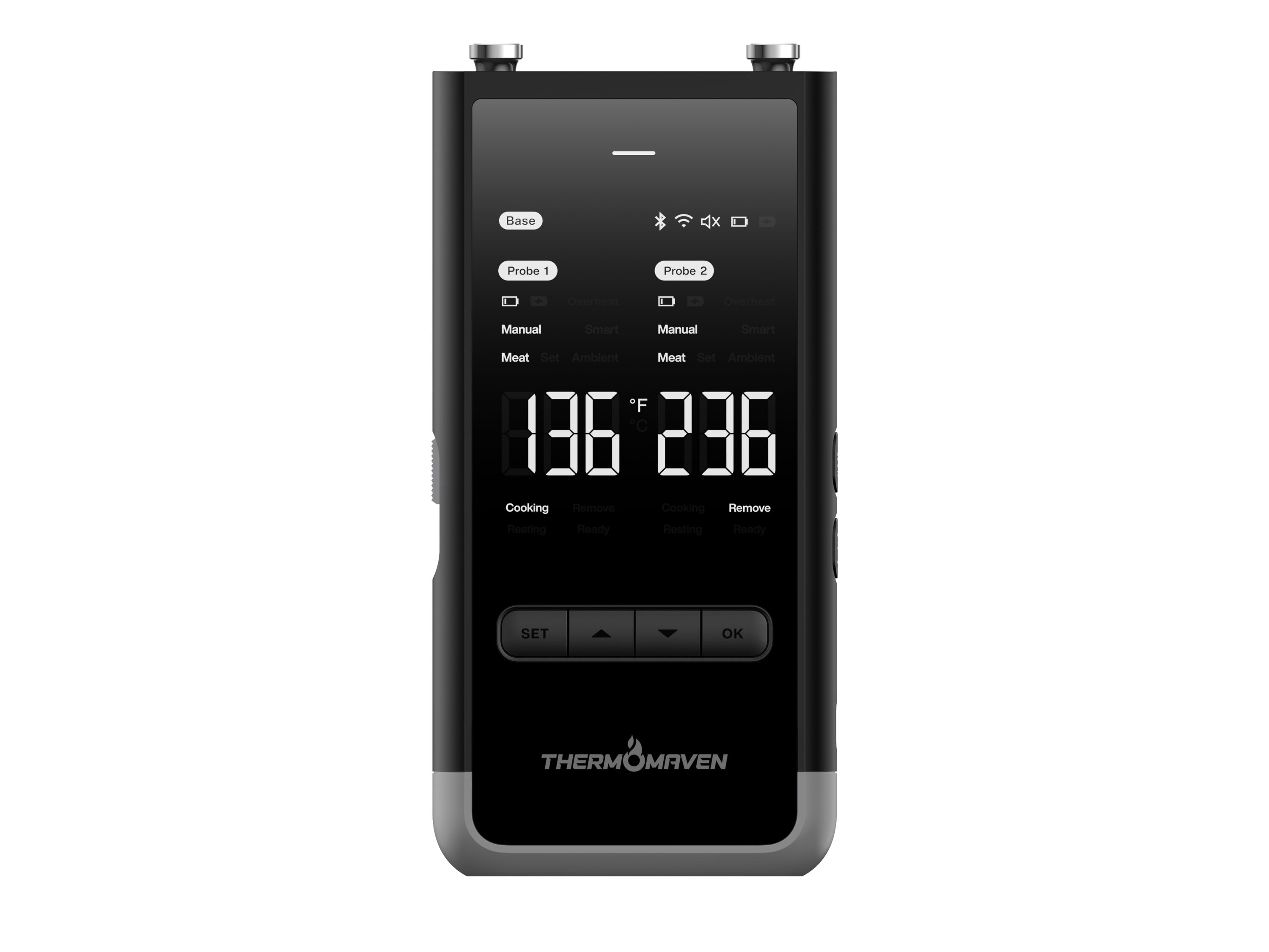 ThermoMaven WT07GY G2 Wireless Meat Thermometer with Smart Base Control, 3000 FT Sub-1G Wireless Range Unlimited Range on WiFi, Ultra Thin 6-Sensor Waterproof Probe with 932 Degree Max Temp Rating, NIST-Certified 0.5 Degree Accuracy, No App Required Rectangle App-Connected Grill Thermometer