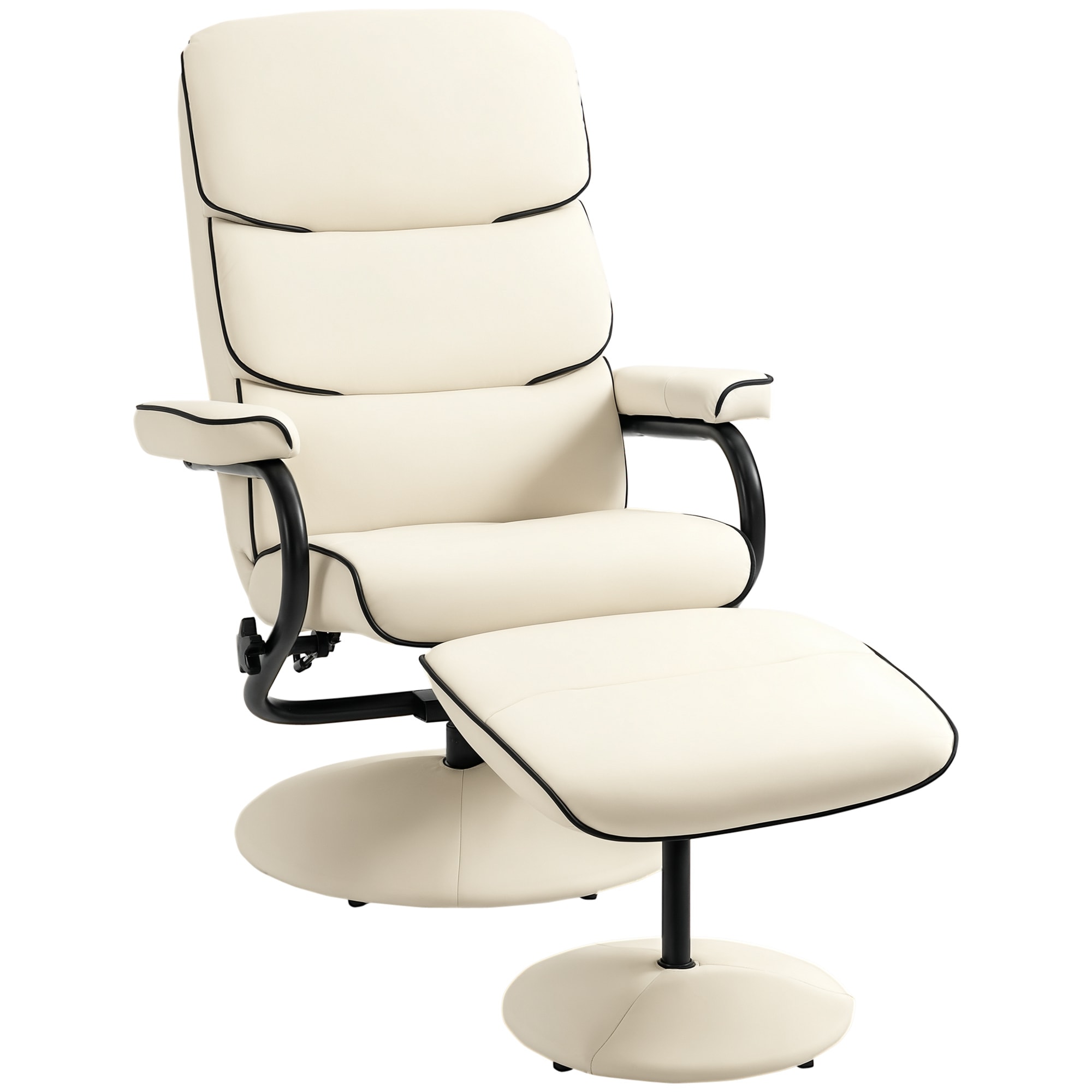 HomCom 839-198V80CW Recliner Chair with Ottoman PU Leather Swivel High Back Armchair Footrest 135 Adjustable Backrest and Thick Foam Padding Cream White