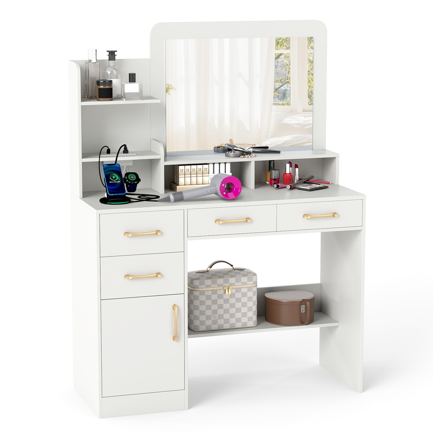 Costway  39.5 inches Modern Makeup Table Vanity Desk with Power Outlets and Open Shelves White