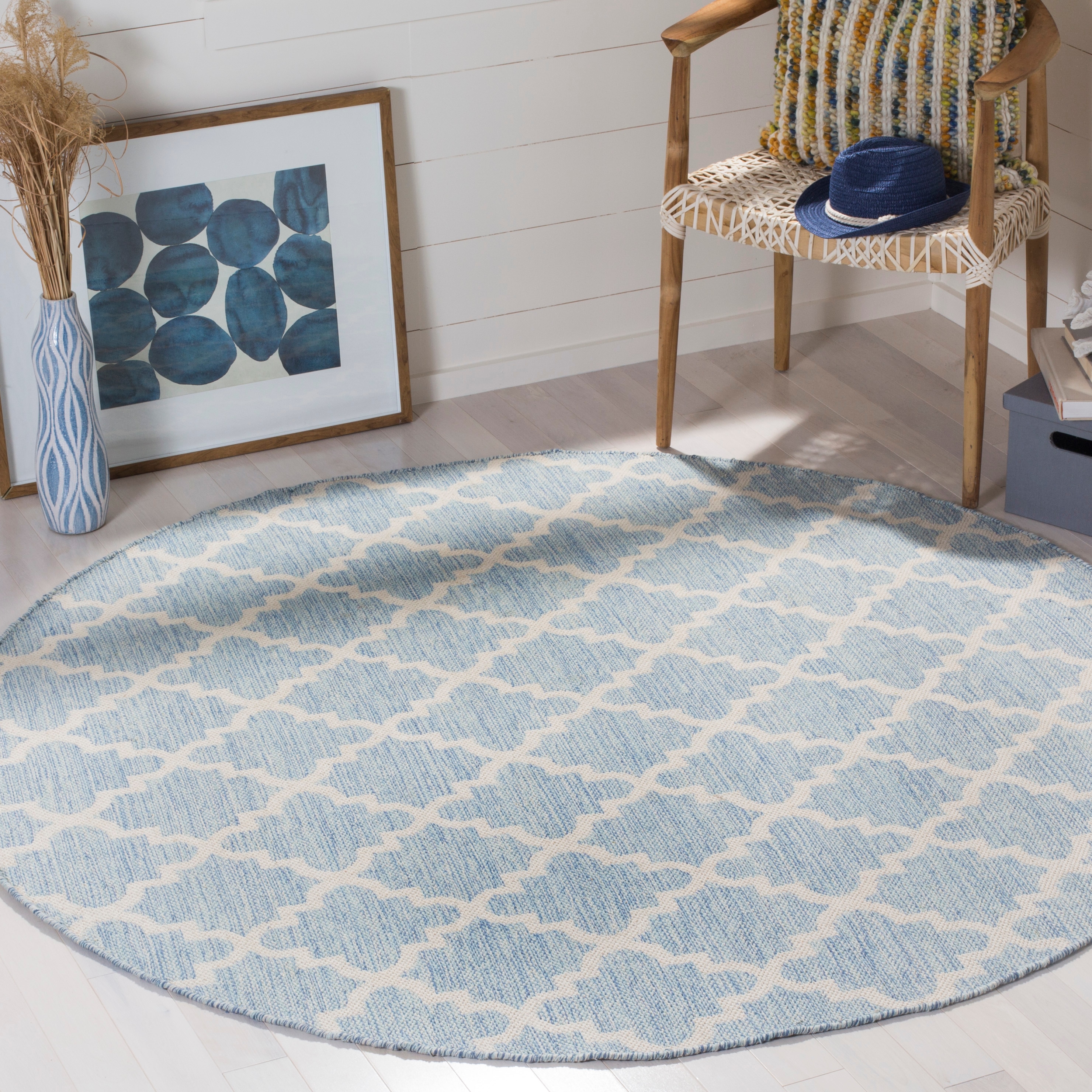 Safavieh MTK810B-6R Montauk Bolsa 6 x 6 (ft) Cotton Light Blue/Ivory Round Indoor Trellis Coastal Area rug