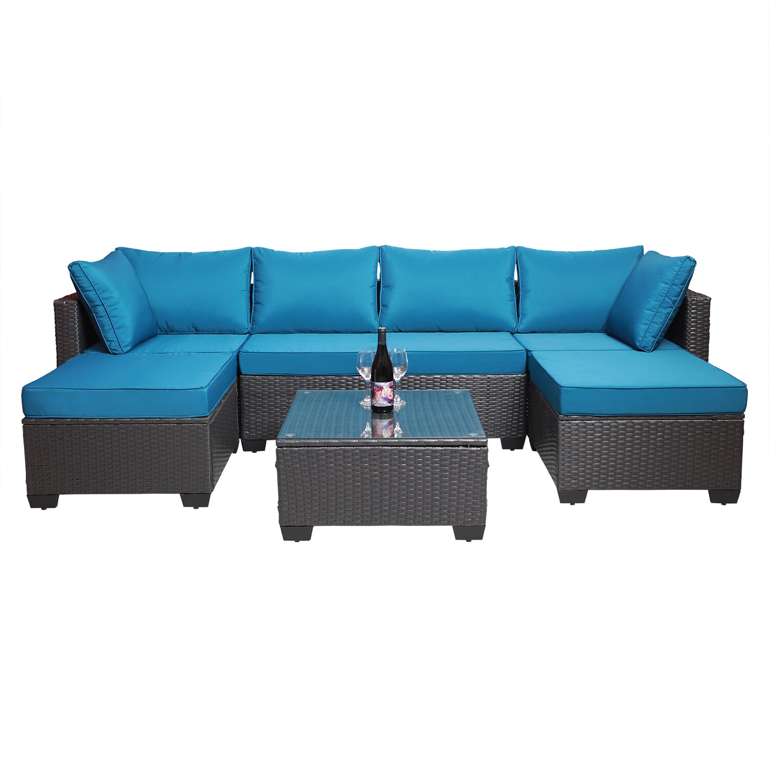 SINOFURN SYA300008BL Wicker Outdoor Sectional with Blue Cushions and Wicker Frame