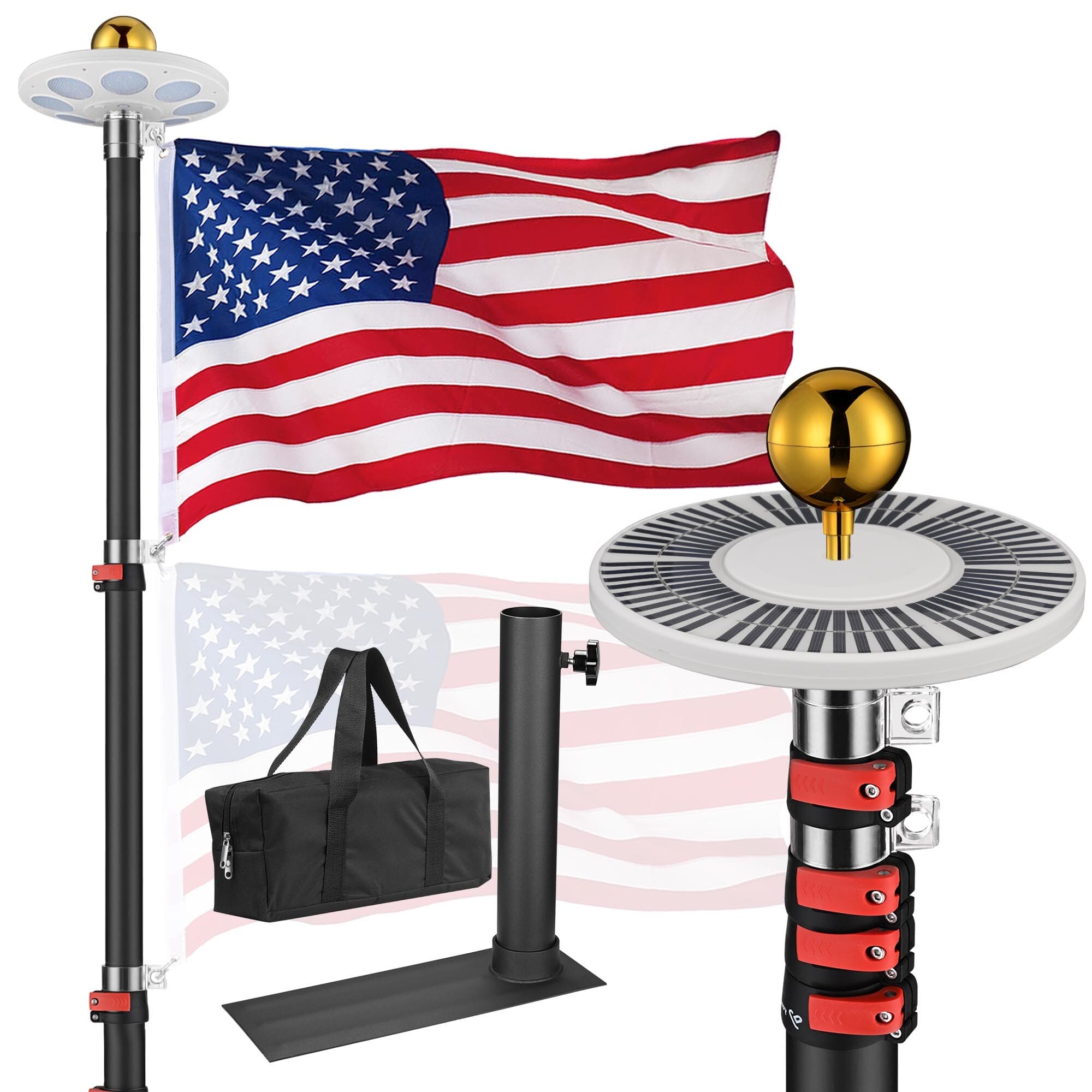 Yescom 22FLPSET038-25L06-LO EZ GO 25Ft Telescopic Flag Pole Kit with Solar Light and Tire Mount Base for Tailgate Outside Black