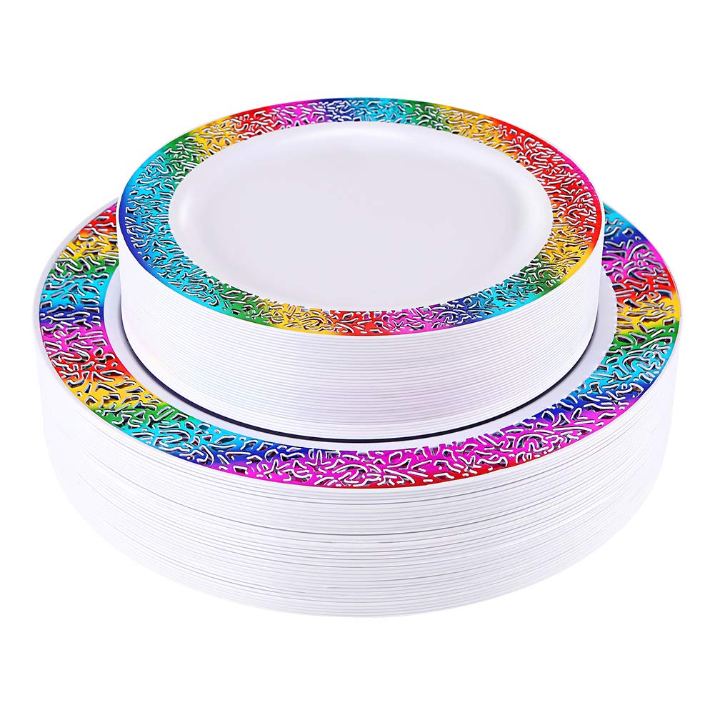 Aoibox  60 Piece Rainbow Colored Disposable Plastic Plates Set with Lace Design 30 Dinner Plates and 30 Salad