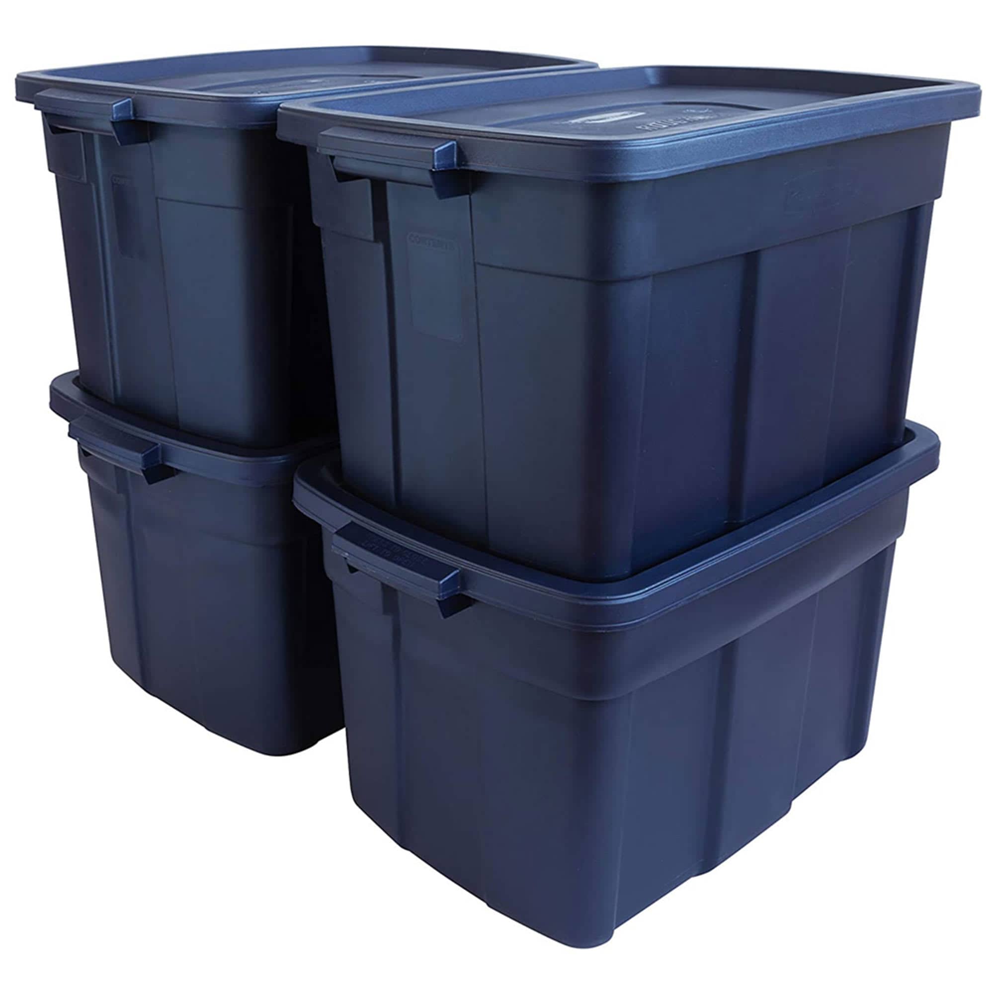 Rubbermaid 245392 Roughneck 25 Gallon Rugged Stackable Storage Container with Tight Lid for Indoor or Outdoor Home Organization Dark Indigo Metallic 4 Pack