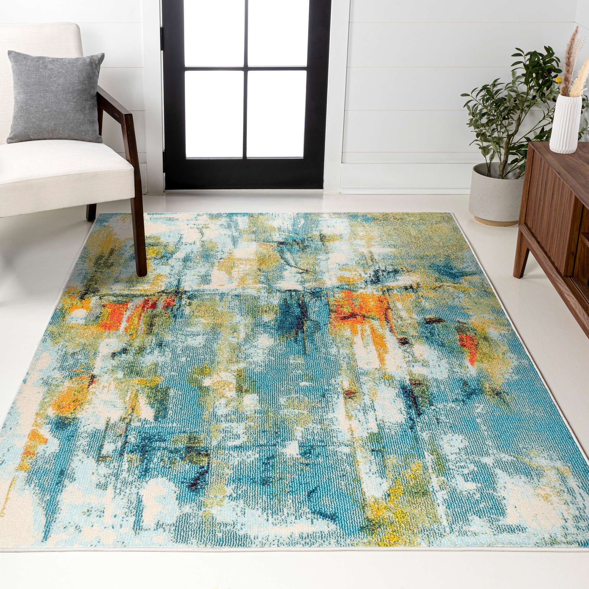 JONATHAN  Y CTP100A-4 CONTEMPORARY POP Abstract Waterfall 4 x 6 (ft) Loomed Blue/Cream Rectangular Indoor Abstract Vintage Pet Friendly Area rug