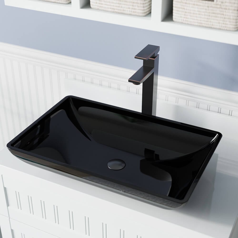 MR Direct 640-BL-721-ABR Tempered glass Vessel Rectangular Modern Black Bathroom Sink with Faucet Included with Drain Included ( 22.38-Inches x 14.25-Inches )