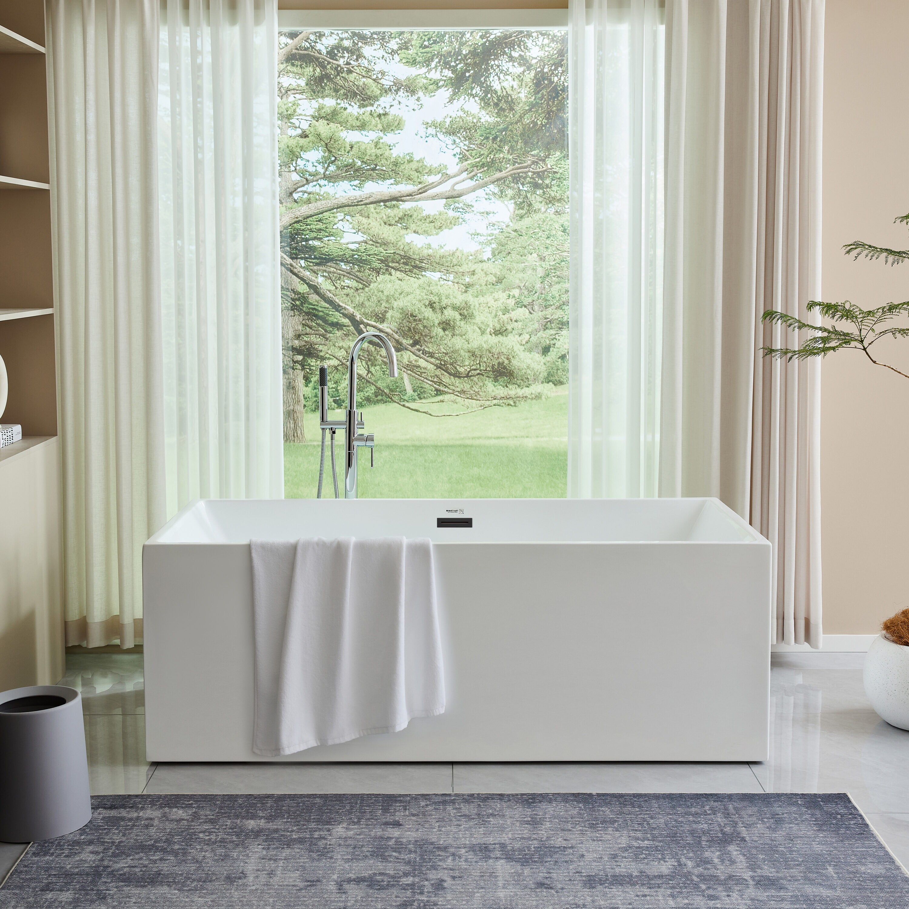 White Acrylic Freestanding Soaking Bathtub with Matte Black Trim