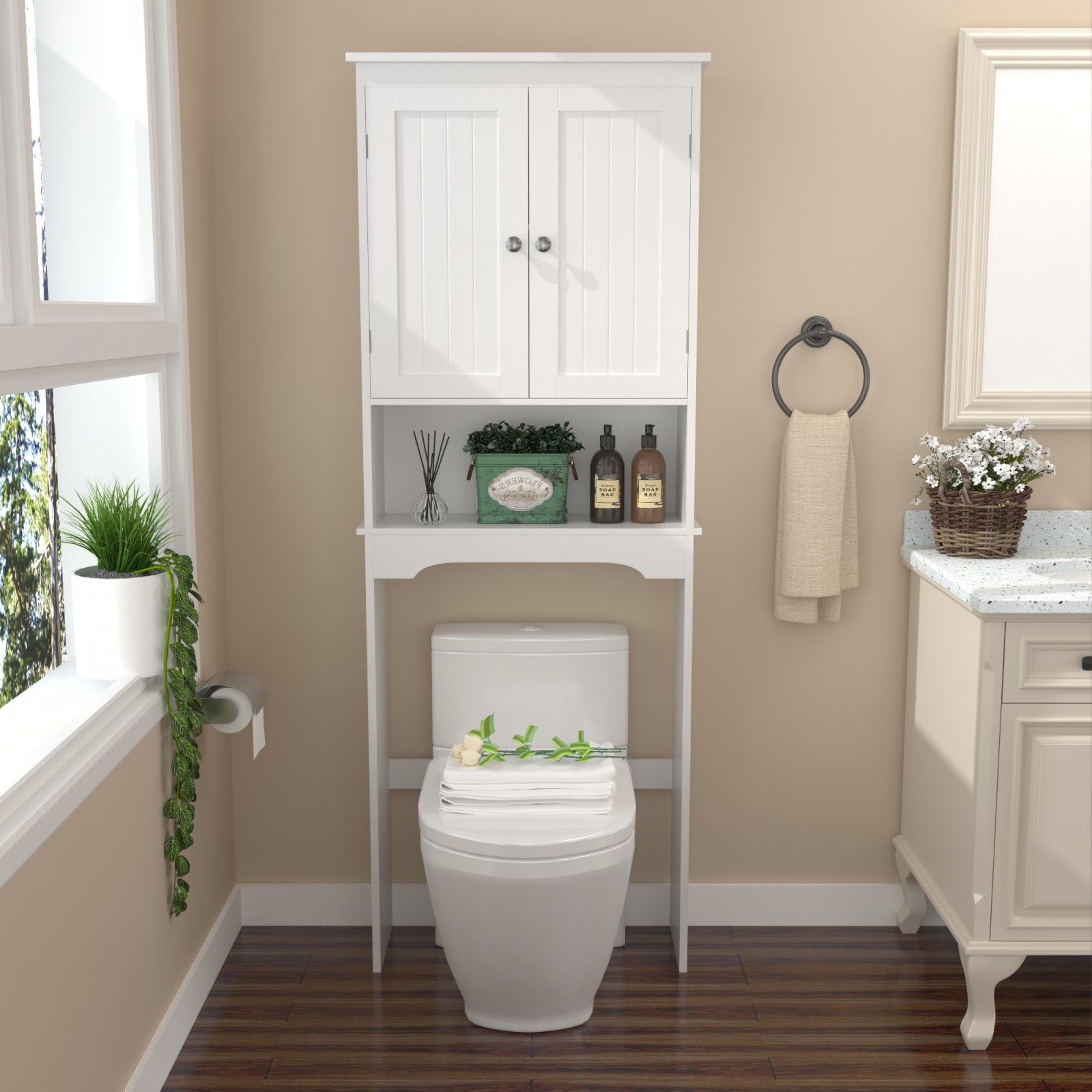 GlasFlength - Over The Toilet Wall Cabinet with Adjustable Shelves Beadboard Panel Design Double...