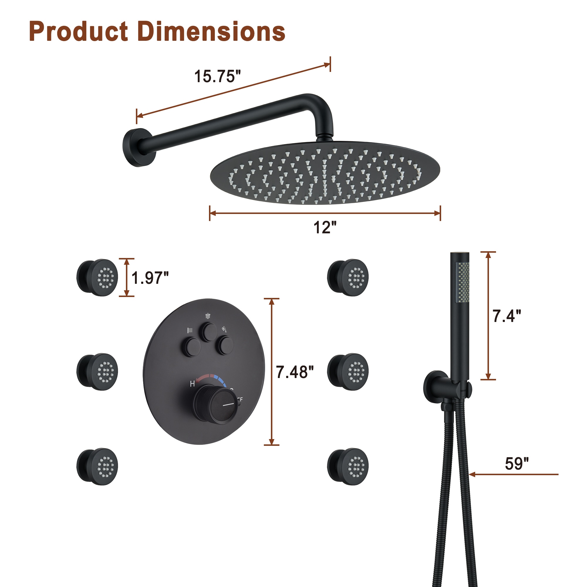Mondawe WF6823-12MB Showerhead-Bar-Panels - View #9