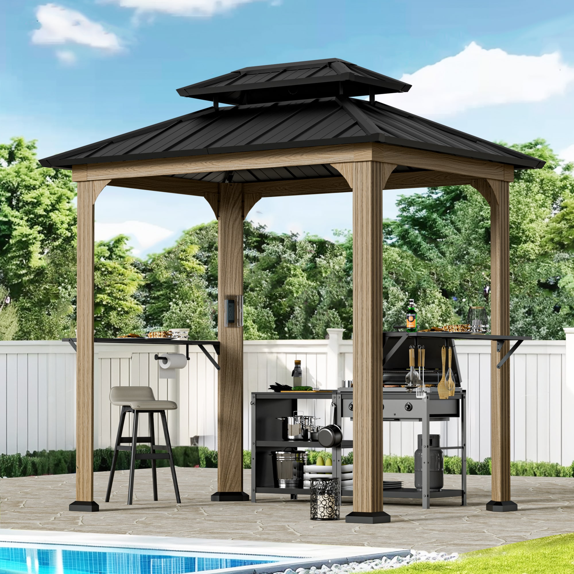 ELEVATE OUTDOORS IG10600004-N WBR 8-ft x 6-ft Brown Rectangle Semi-permanent Grill Gazebo with Hardtop Aluminum Roof