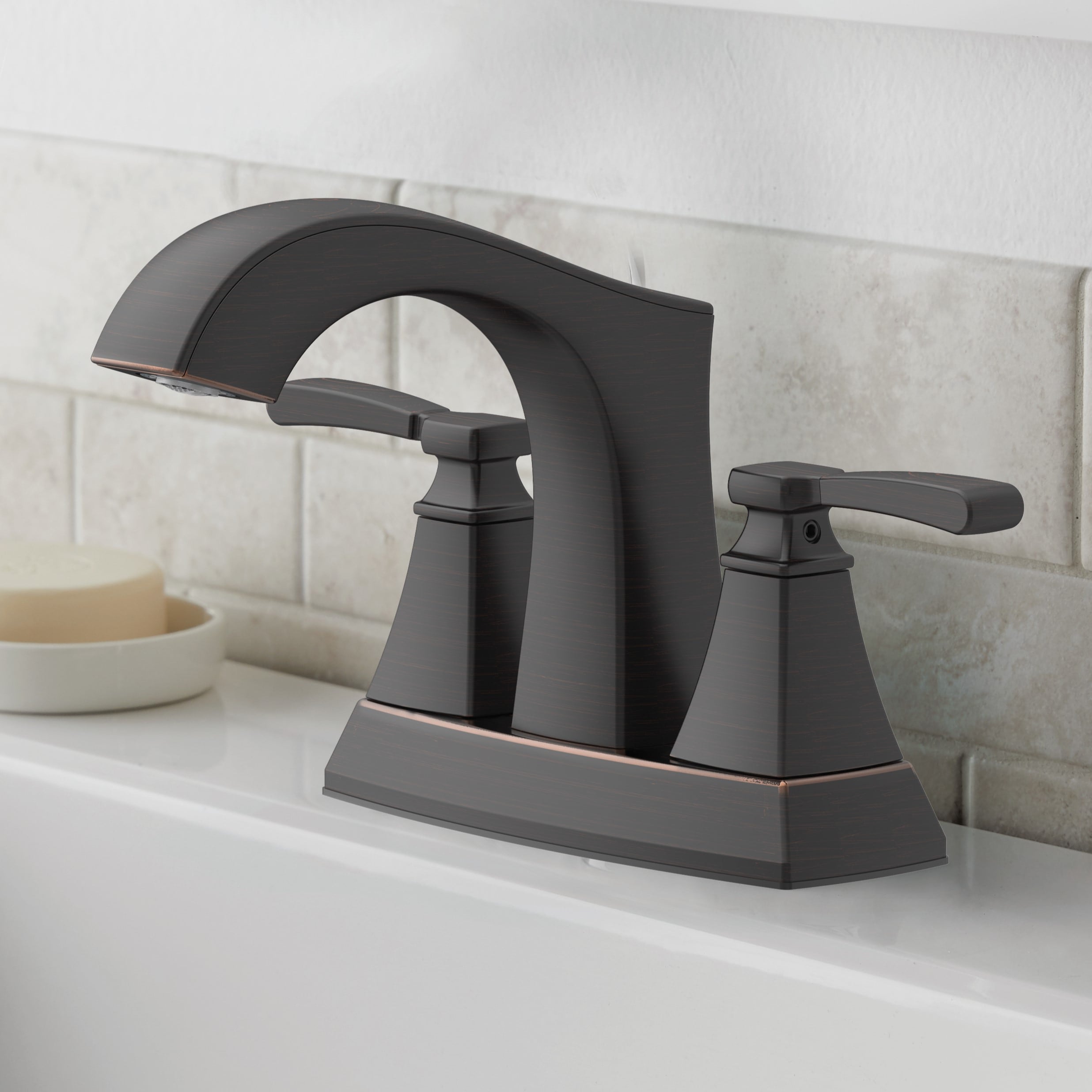 allen + roth 67123W-612707 Chesler Oil Rubbed Bronze 4-in centerset 2-handle WaterSense High-arc Residential Handle Bathroom Sink Faucet with Drain with Deck Plate