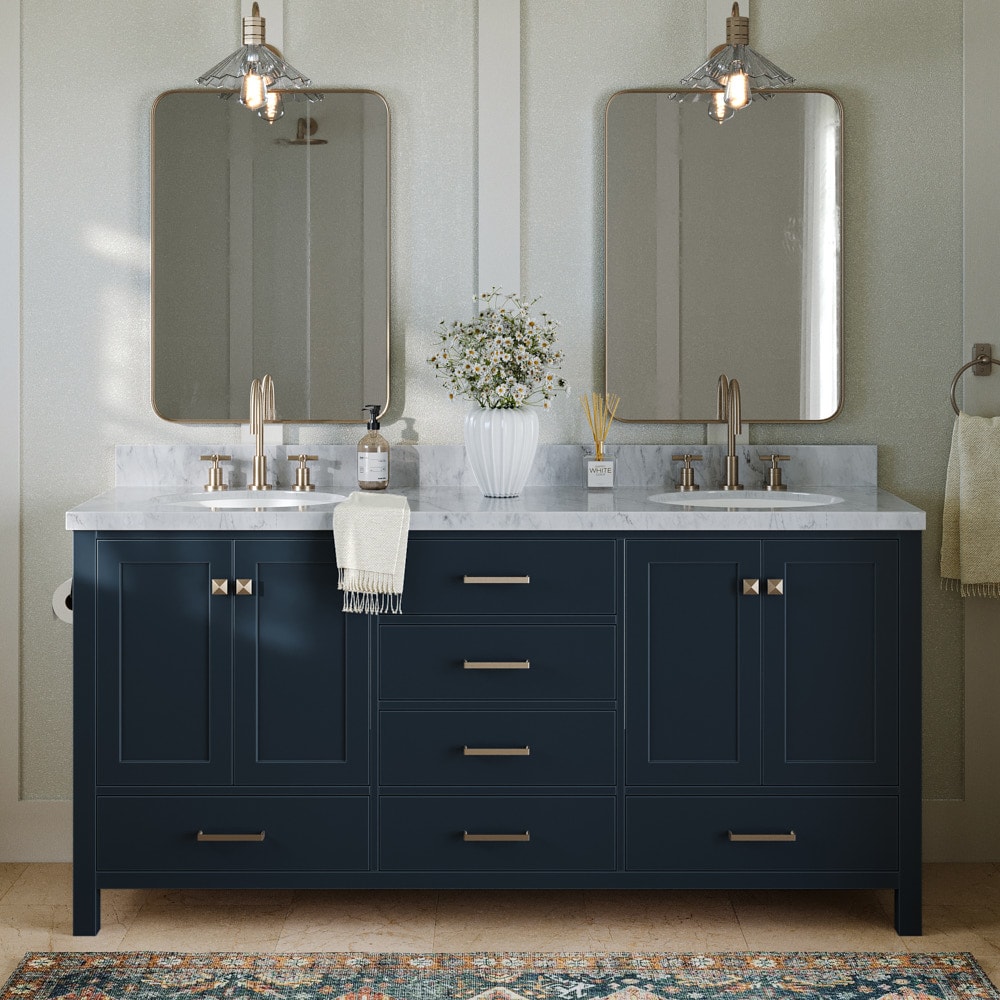 ARIEL Cambridge 73-in Midnight Blue Undermount Double Sink Bathroom Vanity  with White Marble Top in the Bathroom Vanities with Tops department at