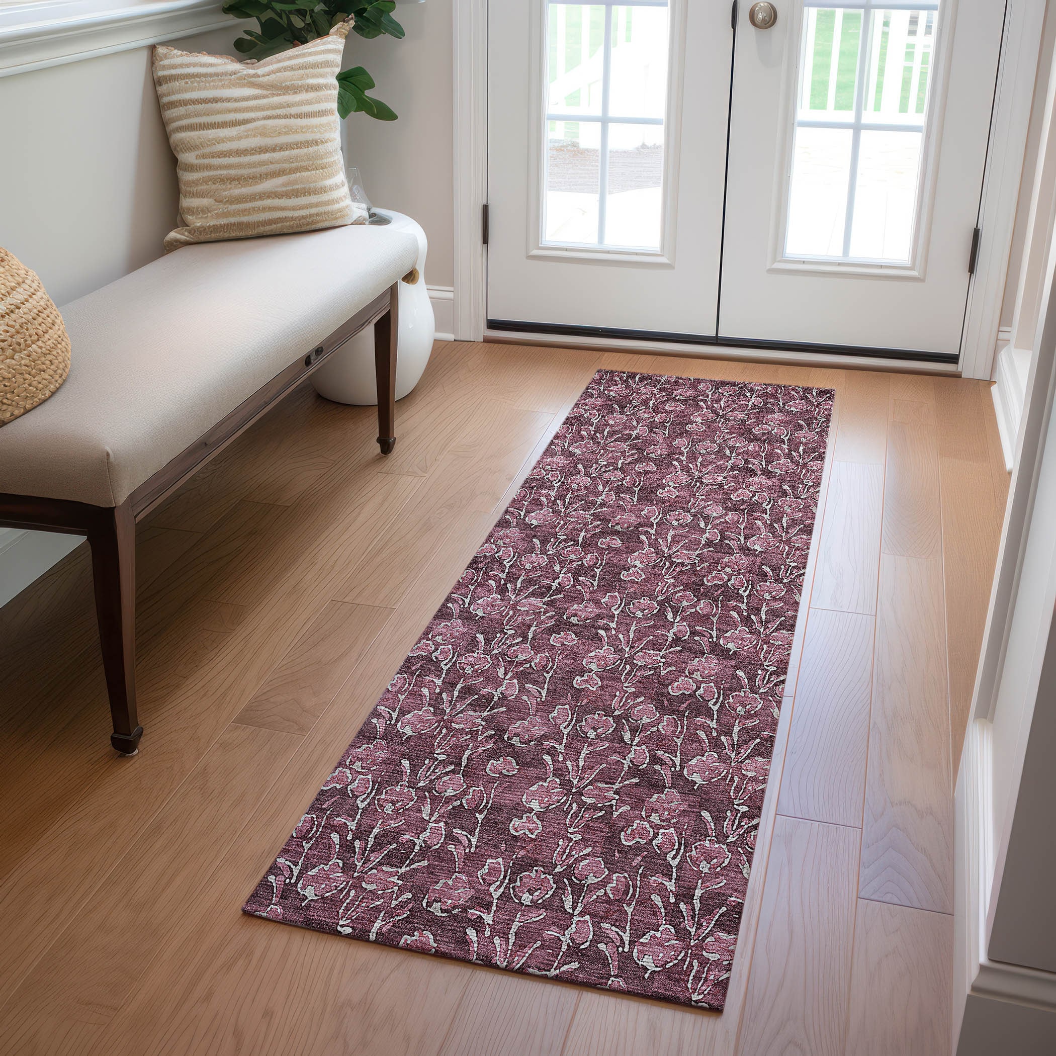 Merlot Floral Synthetic Indoor Outdoor Runner Rug