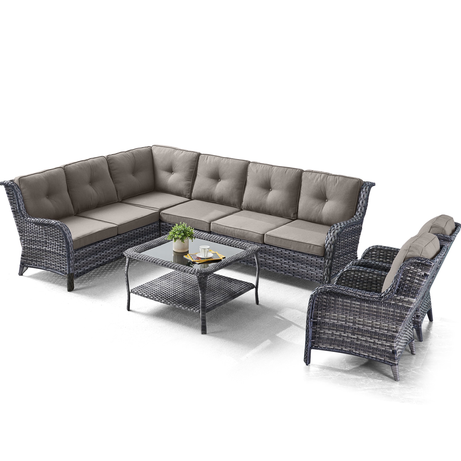 Curved armrest 7-Piece Wicker Patio Conversation Set with Gray Cushions | - Rilyson FS555759617-2