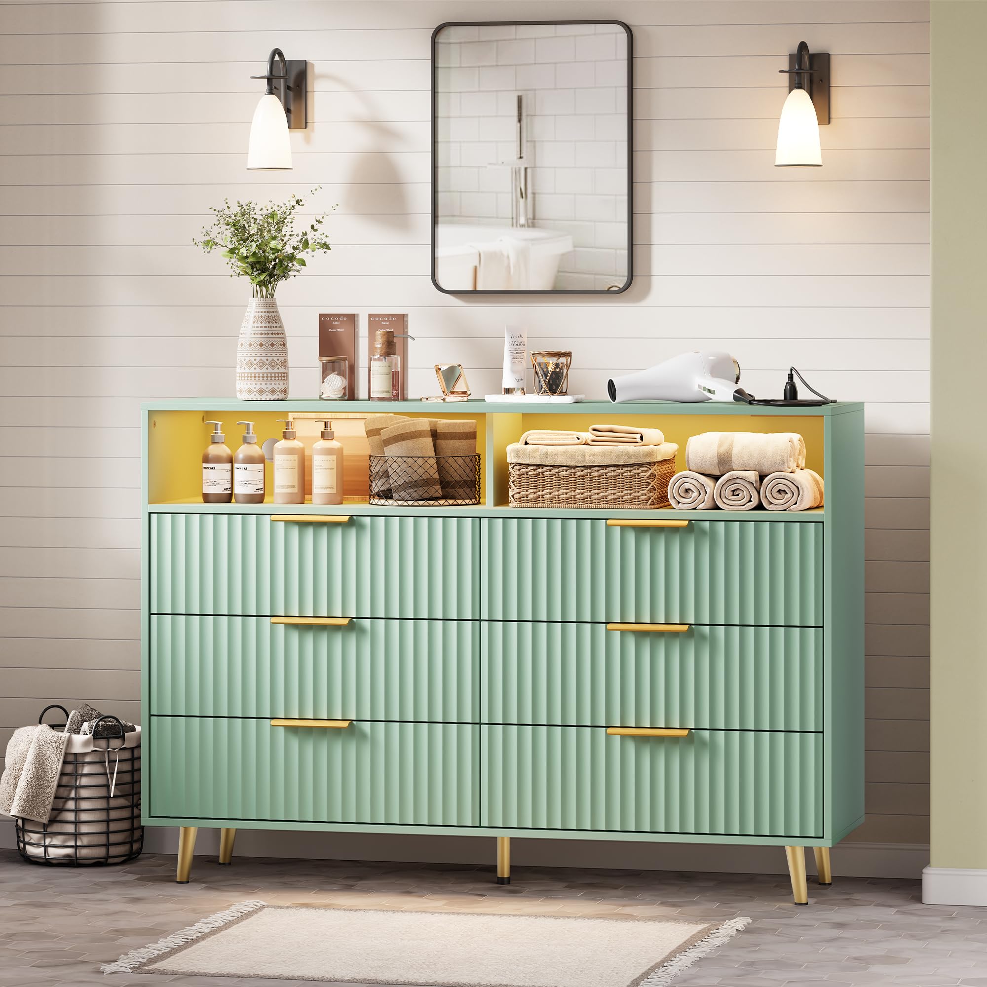 green dresser with gold hardware IdealHouse 54 Inch Modern Fluted - 7 Drawers LED Lights and Charging Station bow mini dresses