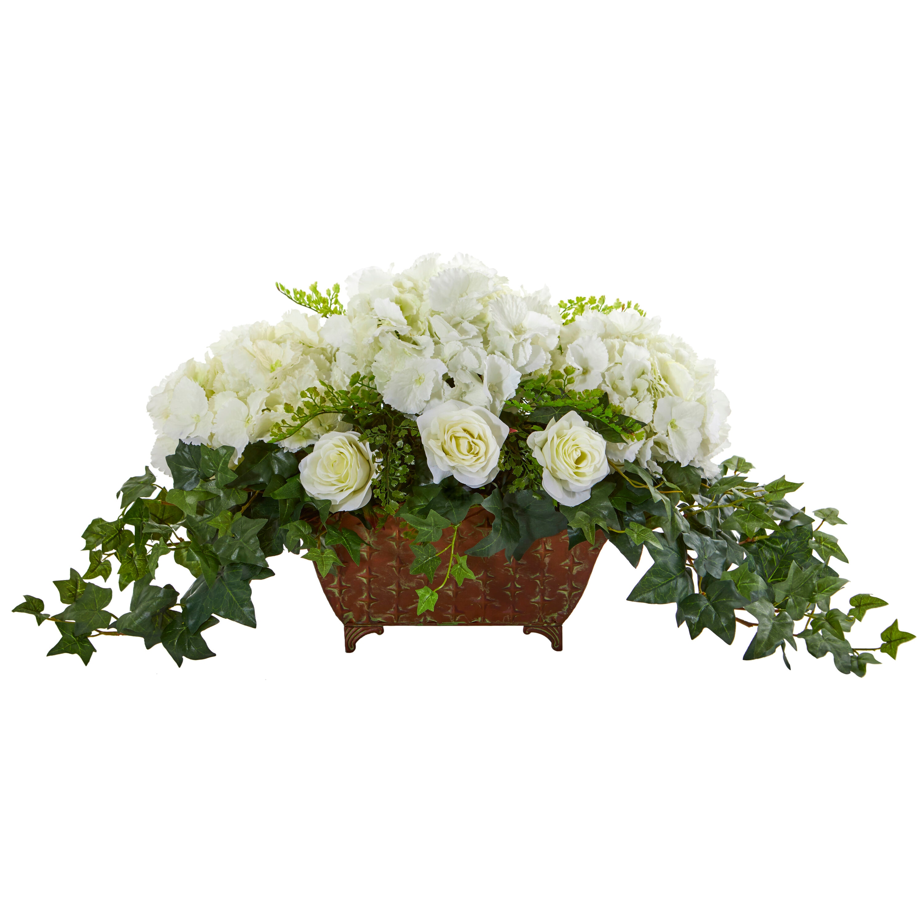 Hydrangea and Roses Artificial Arrangement in Metal Planter