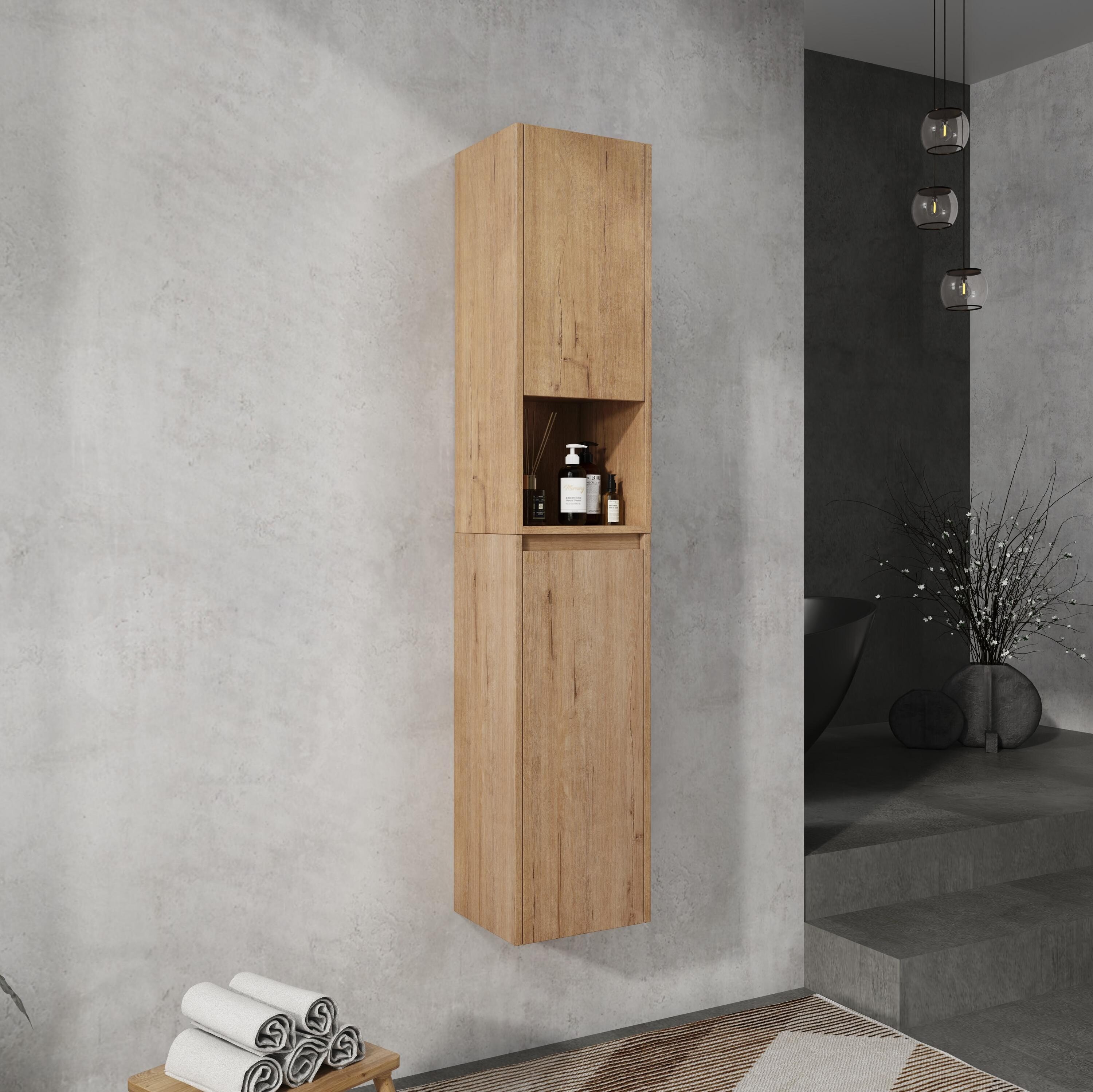 Tatayosi T-99S00375 12 inch Bathroom Side Cabinet Soft Close Doors Float Mounting Design Imitative Oak SC00112IMO-plus-SC00212IMO-K