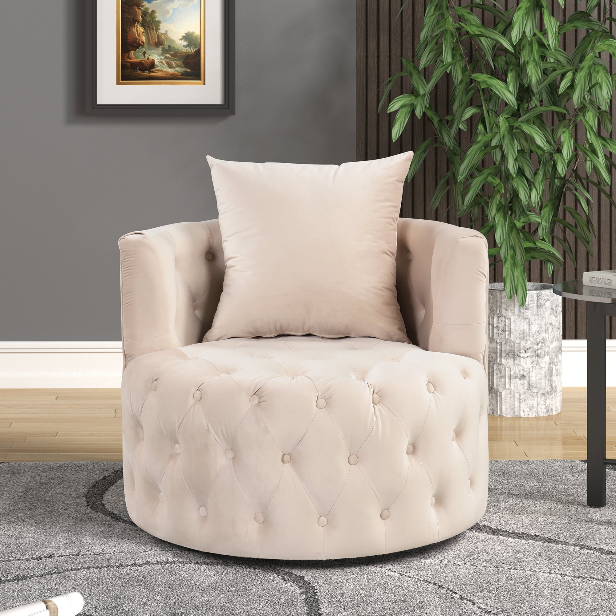 FARATI W002-BEIGE 28.5-in W Modern BEIGE Velvet Accent Armchair