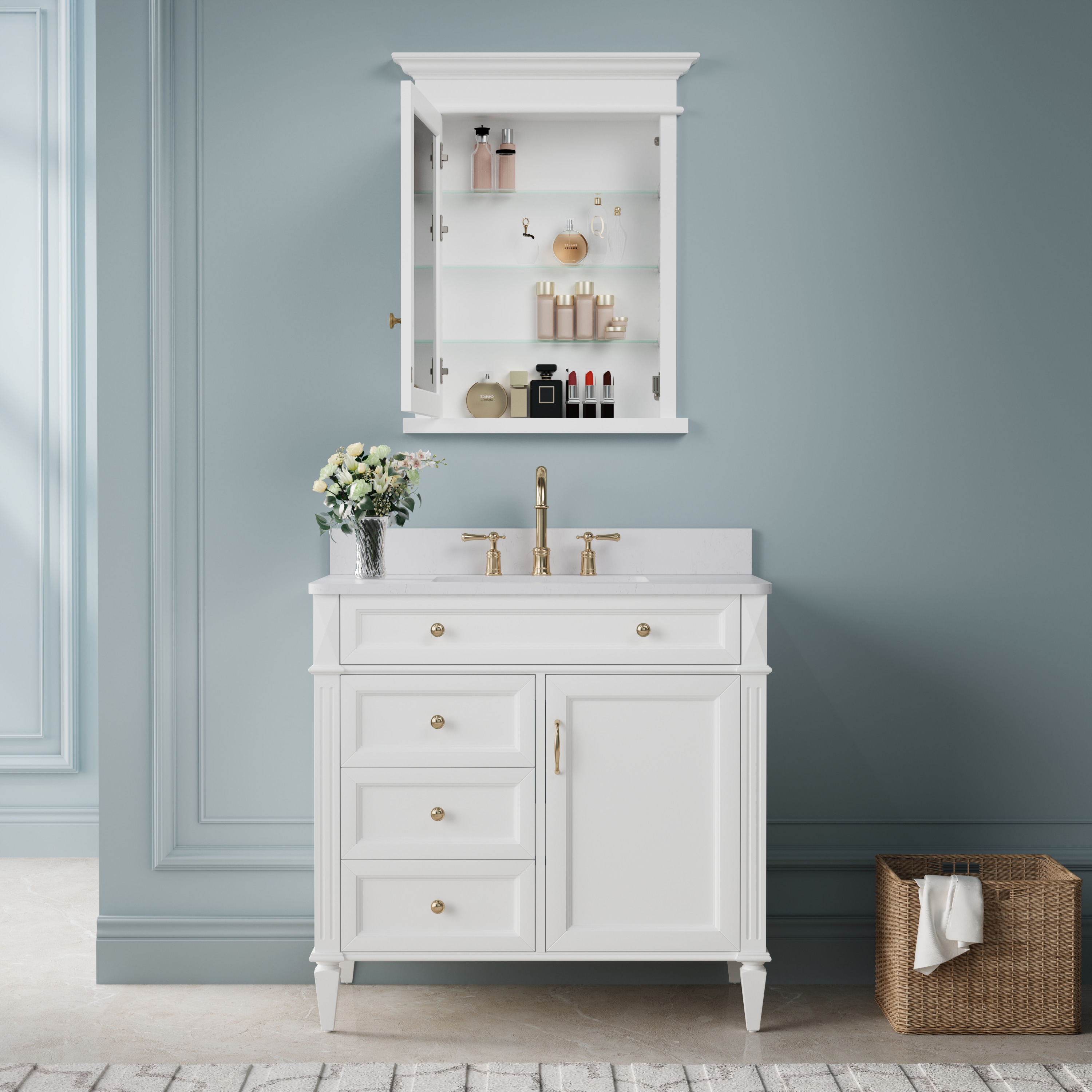 Forclover 26-in x 32-in Recessed Mount White Mirrored Soft Close Medicine Cabinet
