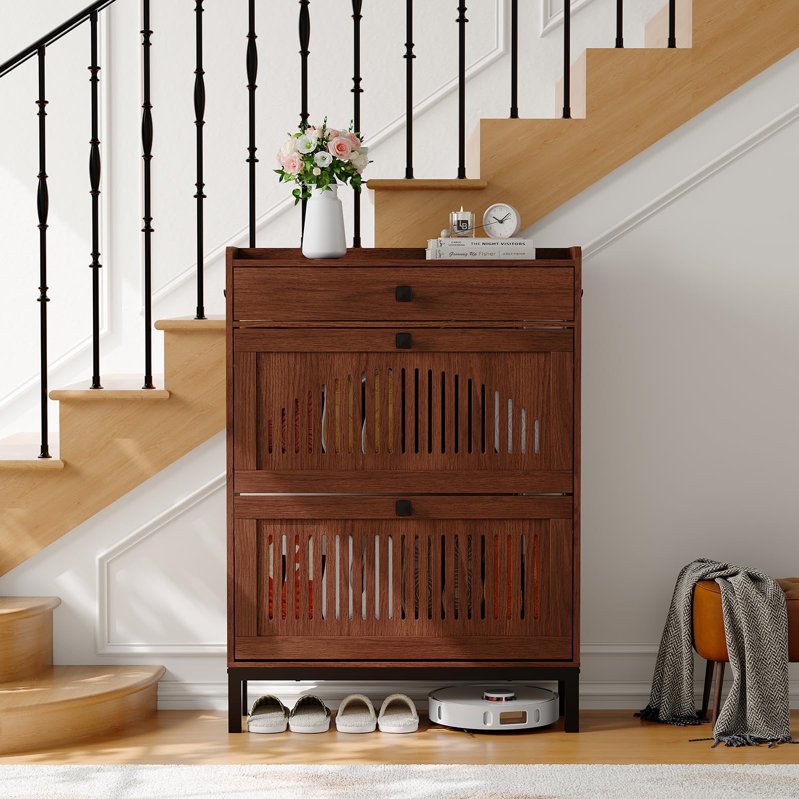 DEXSO Freestanding Wooden Shoe Cabinet Walnut 31.4Wx9.4Dx43.4H with Adjustable Shelves and Flip Drawers #JANE-Q1W7E5