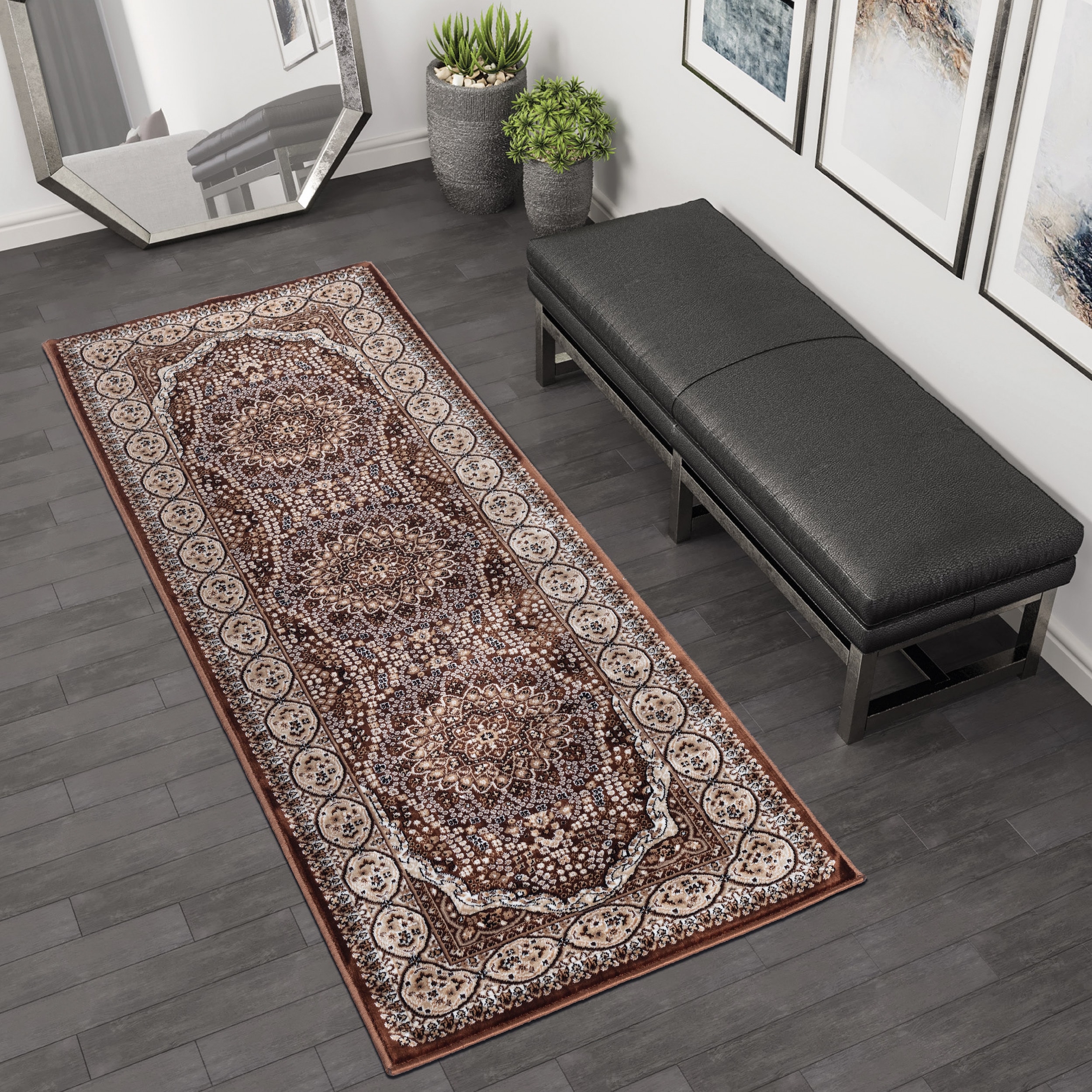 MDA Rugs PE2128 Prime 2 x 8 (ft) Polyester Brown and Cream Rectangular Indoor Medallion Runner rug