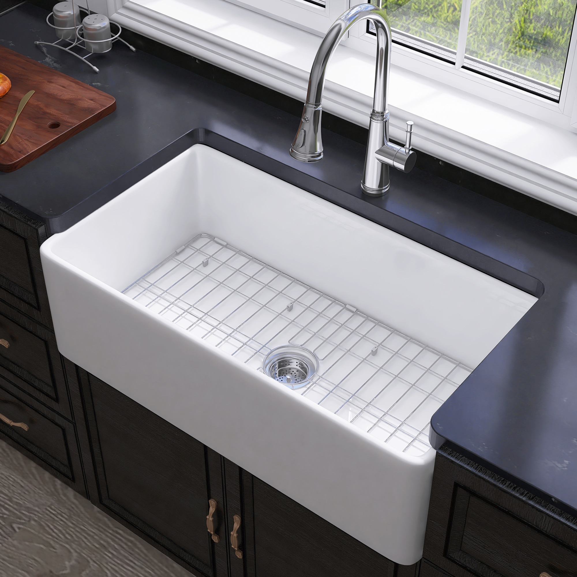 Miuara  Farmhouse Apron Front 33-in x 18-in Single Bowl Fireclay Kitchen Sink White Reversible
