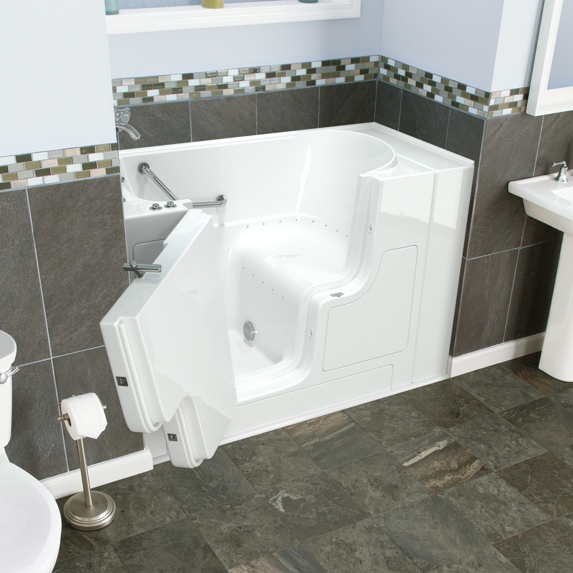 American Standard 3052OD.709.ALW-PC 30.0-Inches x 52.0-Inches White Gel-coated fiberglass Rectangular Walk-in Air bath with Faucet Hand Shower Drain ( Left Drain )