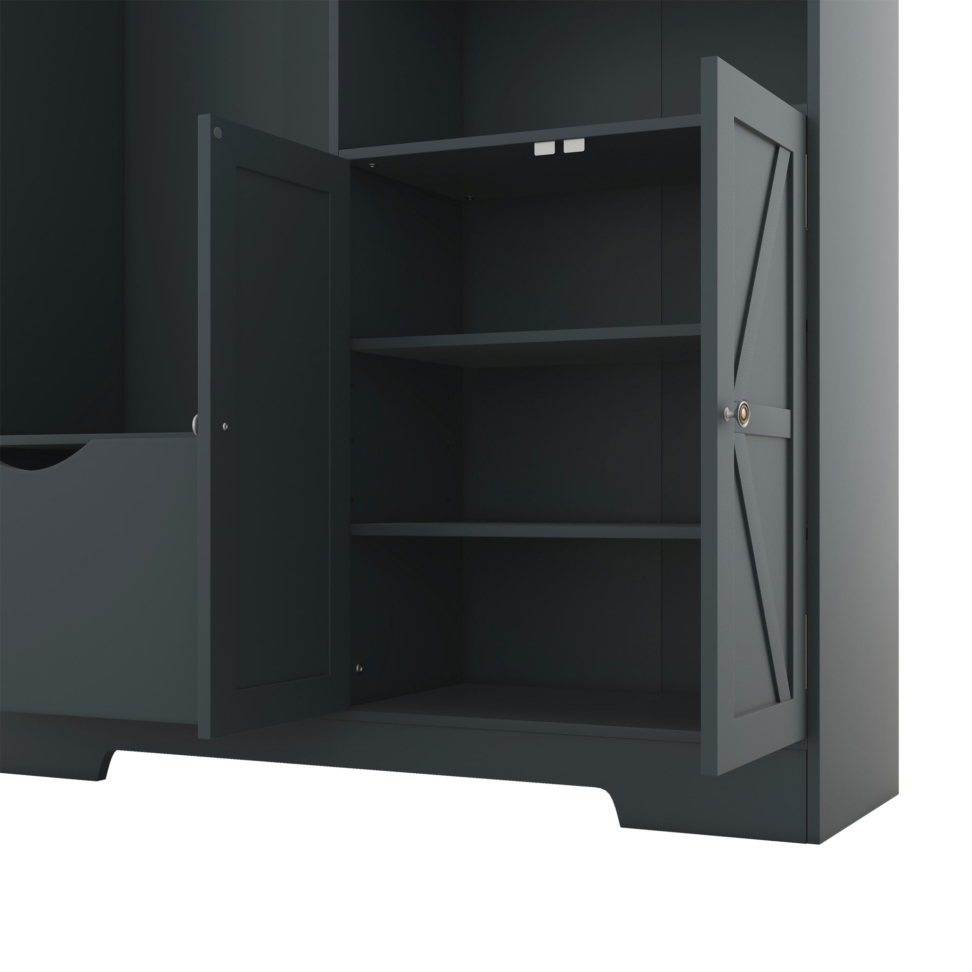 SINOFURN Antique Blue Hall Tree with Bench, Cabinet, Shelves, and Hooks - 73.2-in H x 52.7-in L x 15.7-in D