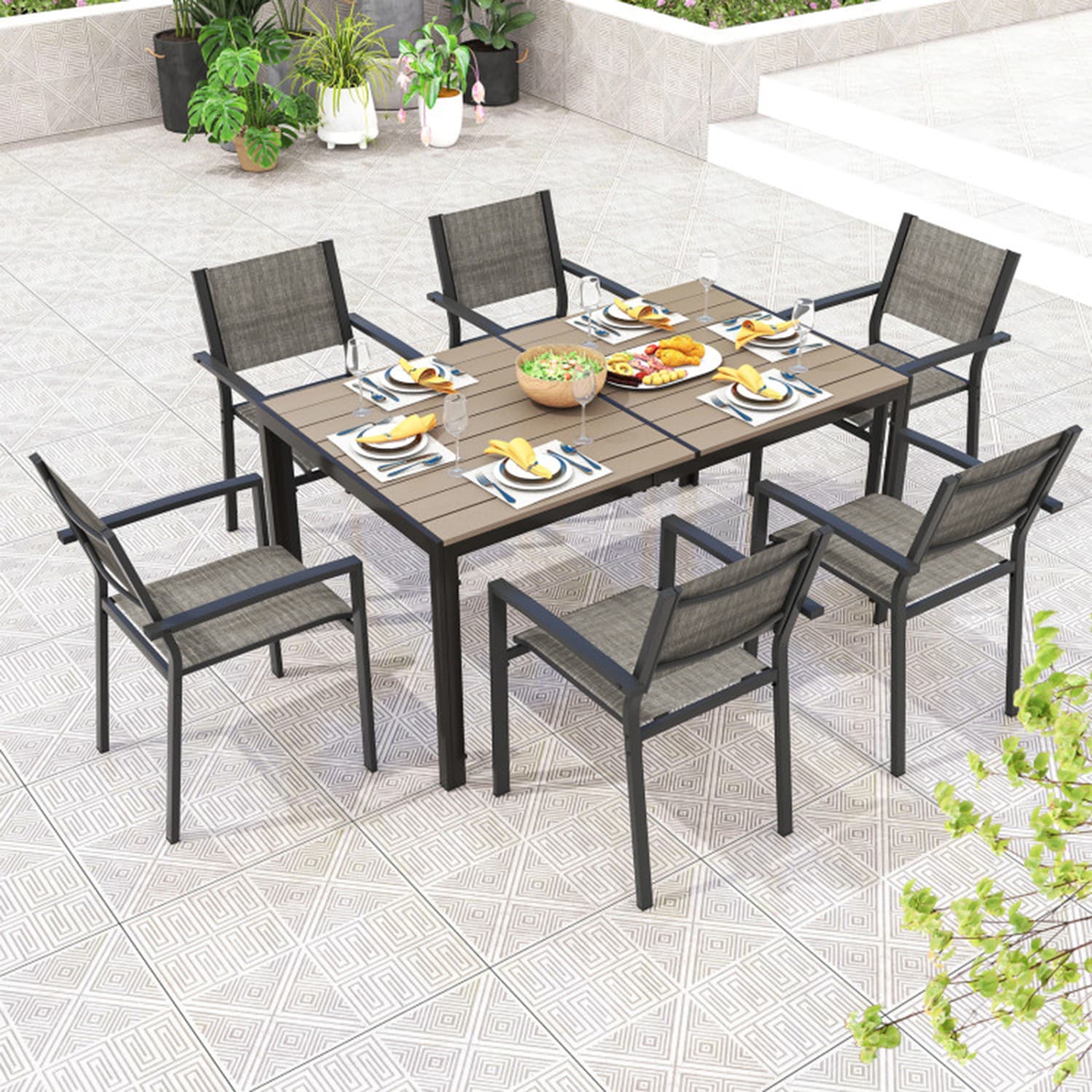 Mondawe 7 Woven Patio Dining Set Plastic Rectangle Table with 6 Stackable Stationary Chairs MD GW00001 at Lowes