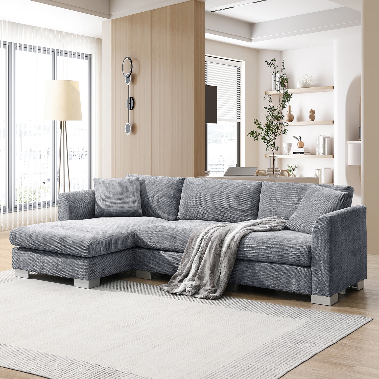 GZMR GZ-HFS9059 96" Luxury L-shaped Sectional Sofa with Oversized Chaise 96-in Modern Gray Chenille 4 -seater Reclining Sectional