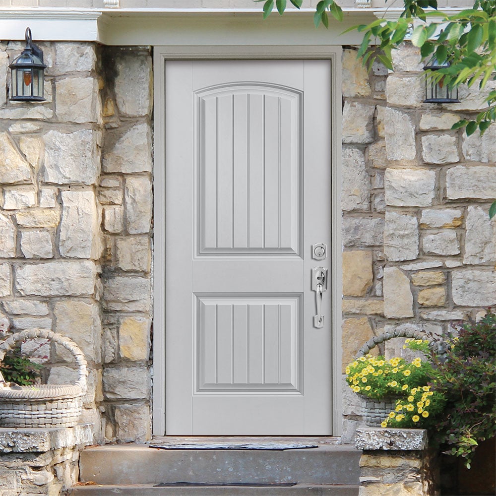 Masonite 1218291 36-in x 80-in x 4-9/16-in Fiberglass No glass Left-hand inswing Infinity gray Painted Prehung Front Door with Brickmould Insulating core