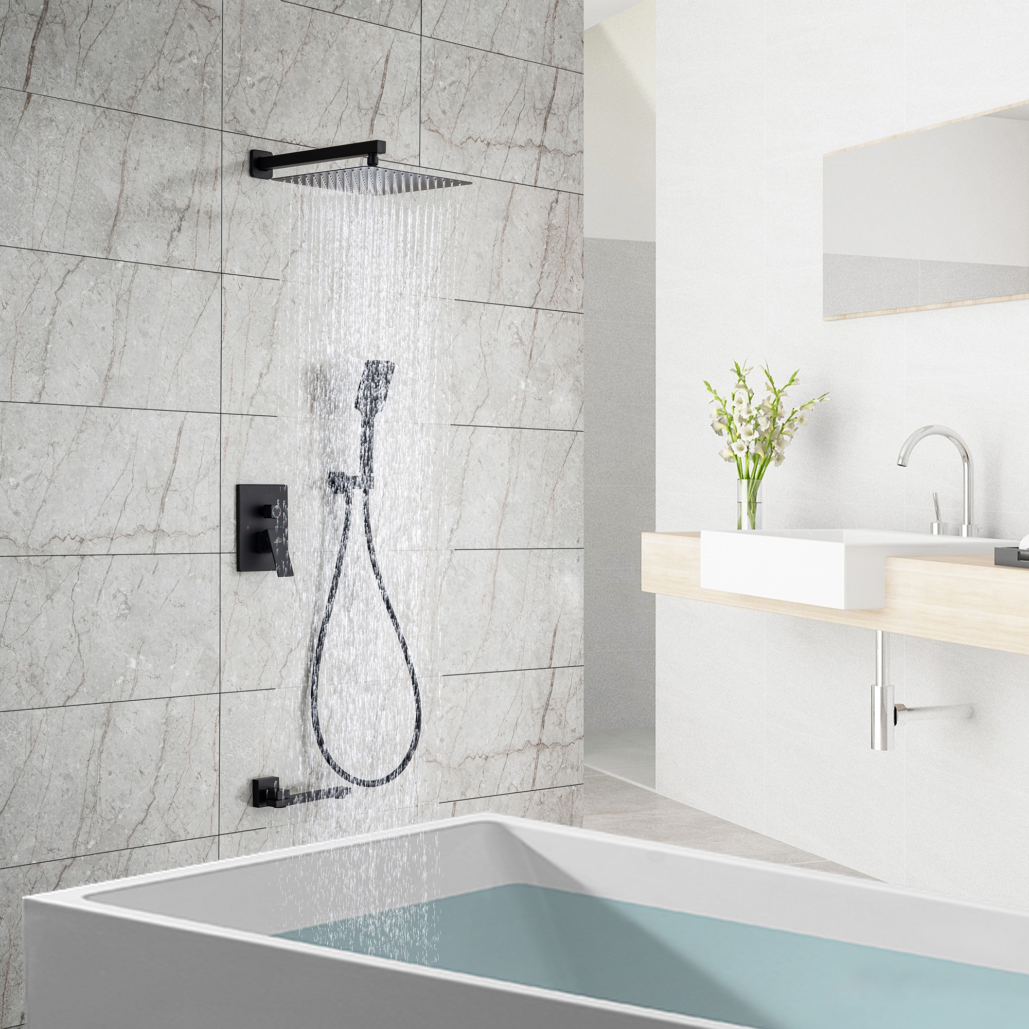 Clihome CL-030ORB-SL Matte Black 12-in Dual Head Built-In Shower Faucet System with 3-way Diverter (Pressure-balanced Valve Included)