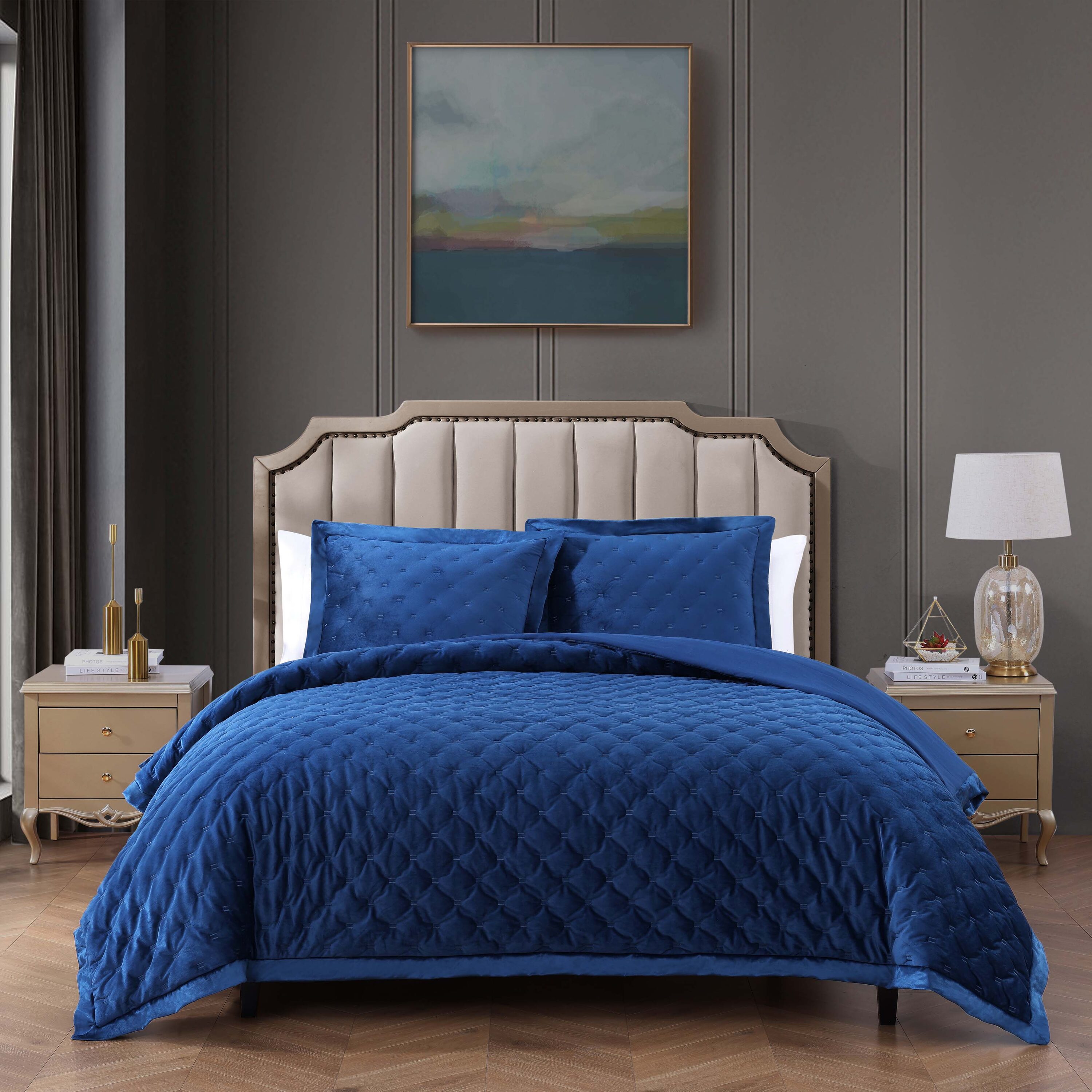 BEBEJAN 655417 Velvet Comforter Sets Navy Blue Solid Queen Comforter