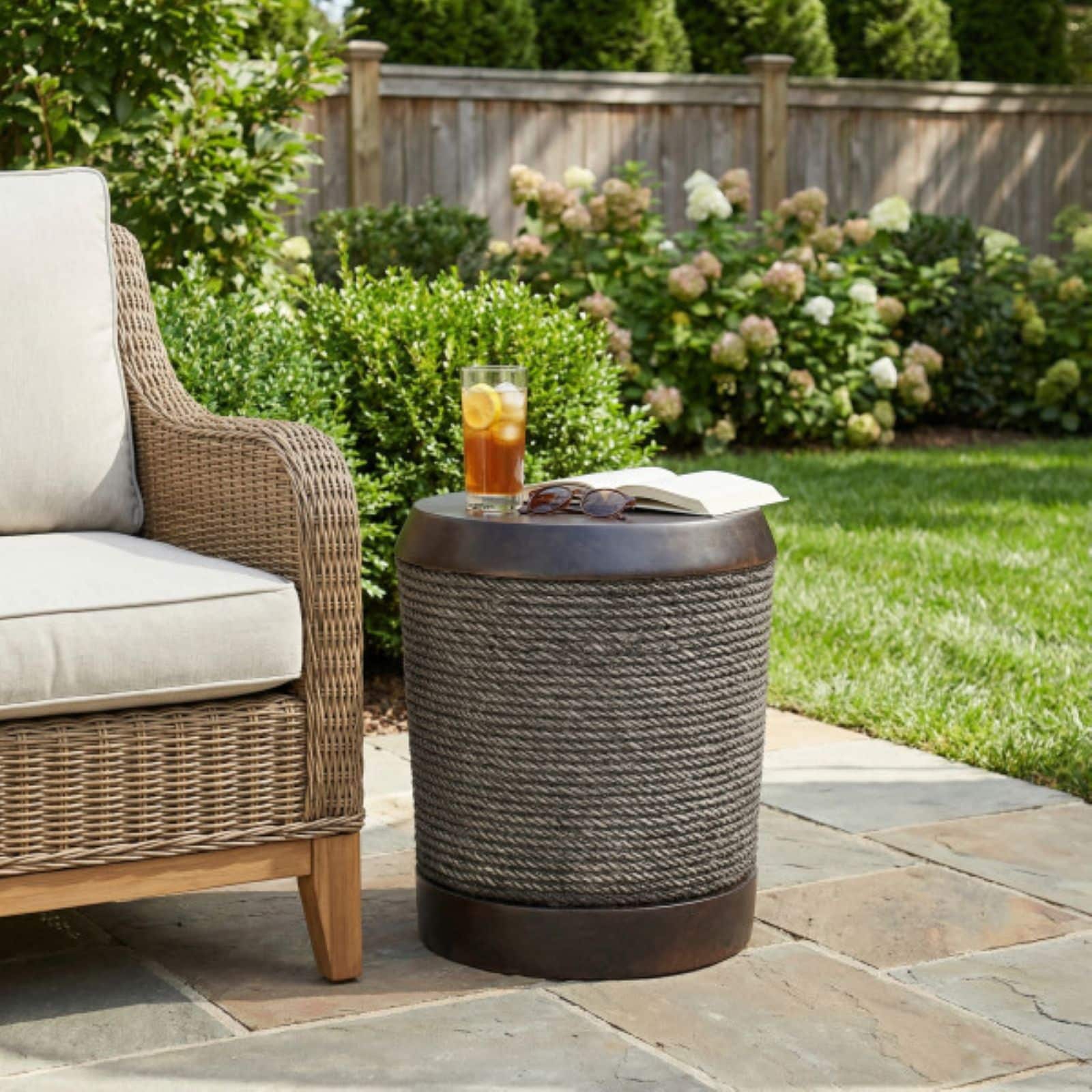 Christopher Knight Home Modern Outdoor/Indoor 15.75 in. Simulated Braided Cord MGO Lightweight Concrete Side Table with Vintage Trim - Dark Brown