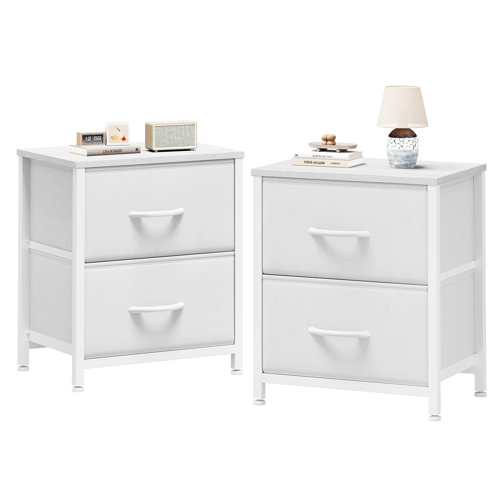 Sweetcrispy 2-Pack White Small Dresser Nightstand with 2 Fabric Drawers and Metal Frame